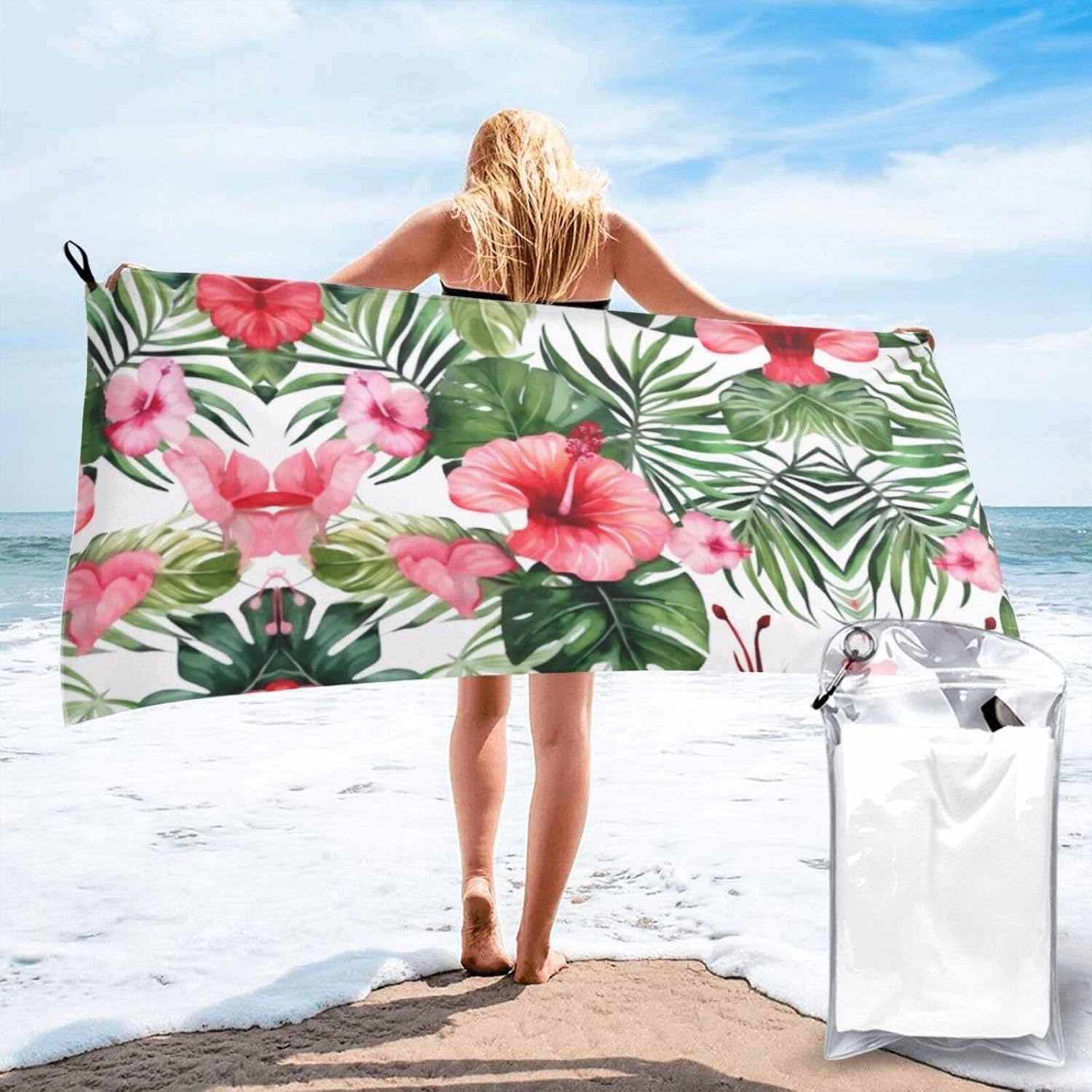 Hibiscus Flower Print Quick Dry Towel with Hanging Loop and Storage Bag for Travel, Gym, Camping