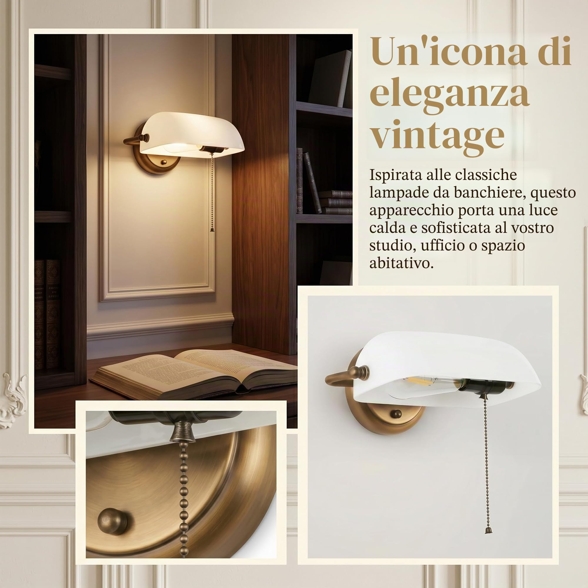 Applique da Parete Vintage “BANQUERO” con Paralume in Vetro Bianco, Base in Ottone Anticato, Paralume Orientabile, Interruttore a Catenella – Compatibile con Lampadina LED E27