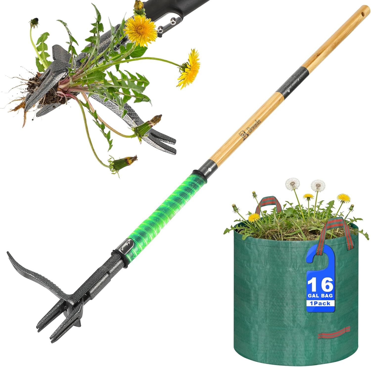Weed Puller Tool, Heavy Duty Gardening Hand Tools with 4-Claw Steel Head & Dual-Eject Mechanism, 43.5" Bamboo Long Handle Stand Up Weeding Tool for Lawn Yard, Includes 16 Gallon Leaf Bag
