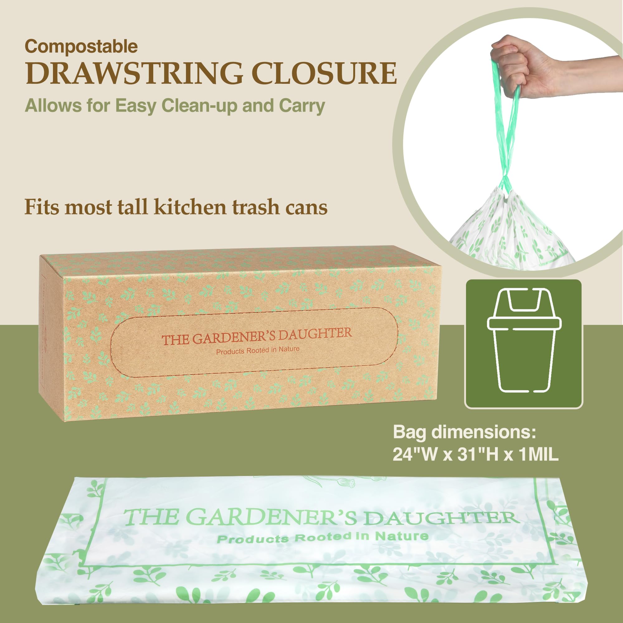 The Gardener's Daughter: Bolsas de basura altas compostables para cocina, 13 galones, 30 unidades, color blanco, cierre de cordón, extra fuertes