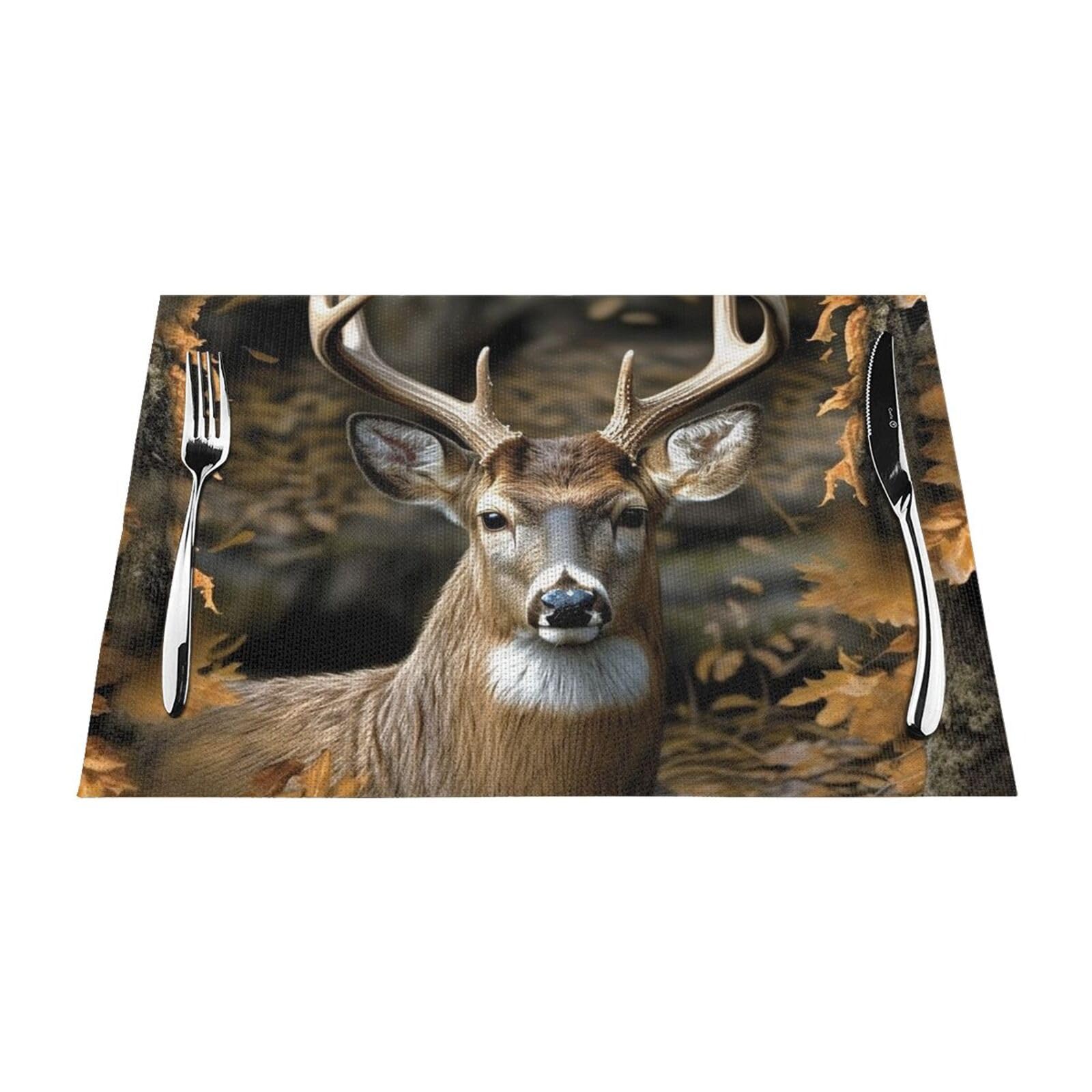 Camouflage Deer Placemats Set of 1 - Woven Vinyl Kitchen Table Placemats - Heat Resistant Non-Slip Place Mats for Dining Table, Washable Indoor Outdoor Table Mats 12x18 Inch