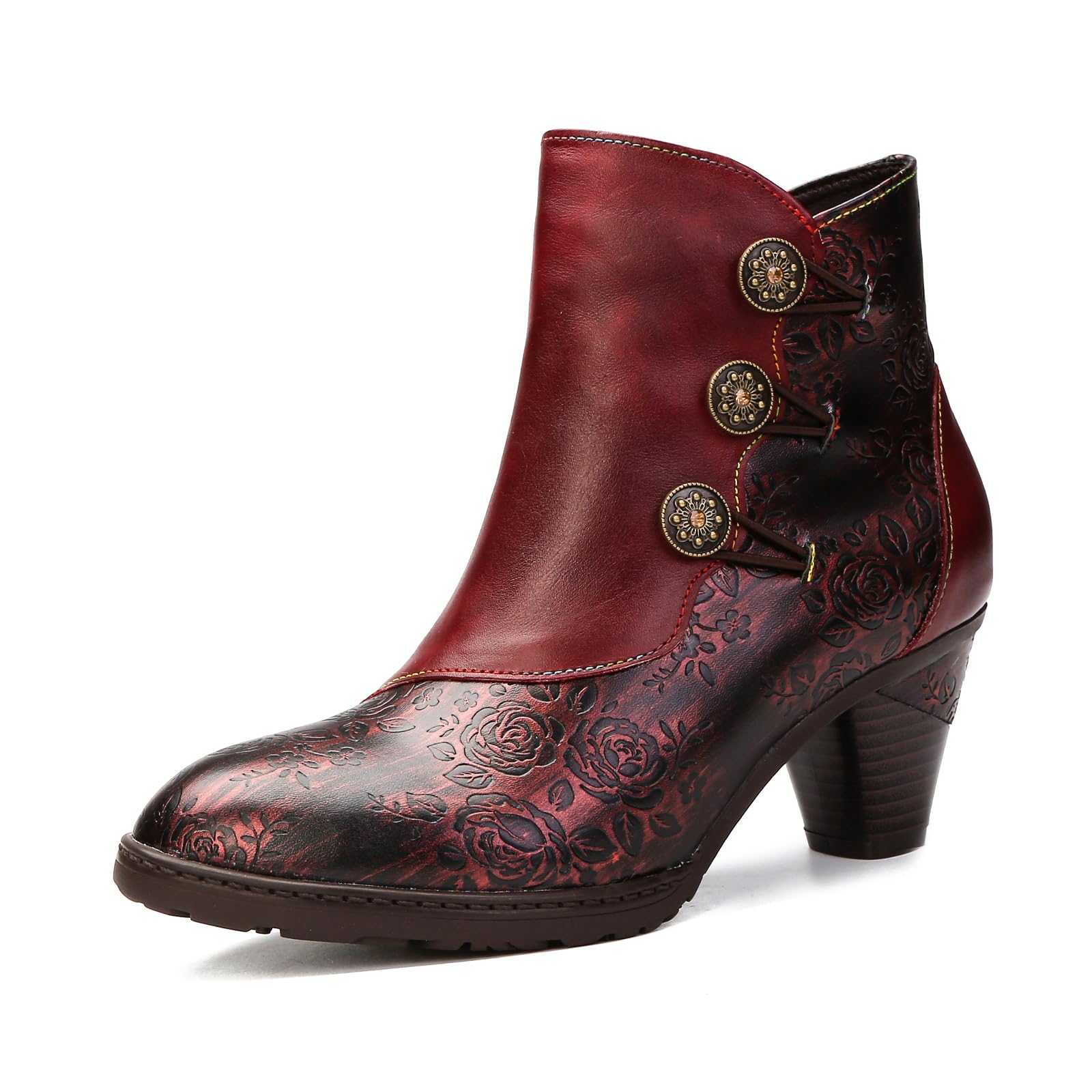 Superladystars Handmade Floral Stitching Womens Ankle Boots Cowhide Leather Hand-embossed Retro Style