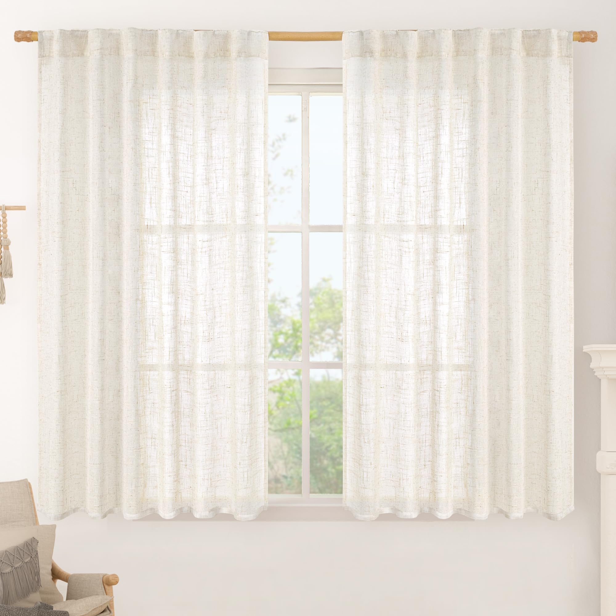 LAMIT Cream Linen Semi Sheer Curtains 48 Inch for Bedroom, Light Filtering Neutral Window Curtains Farmhouse Boho Back Tab and Rod Pocket Panels, 2 Panels, 52 x 48 Inch — image 1