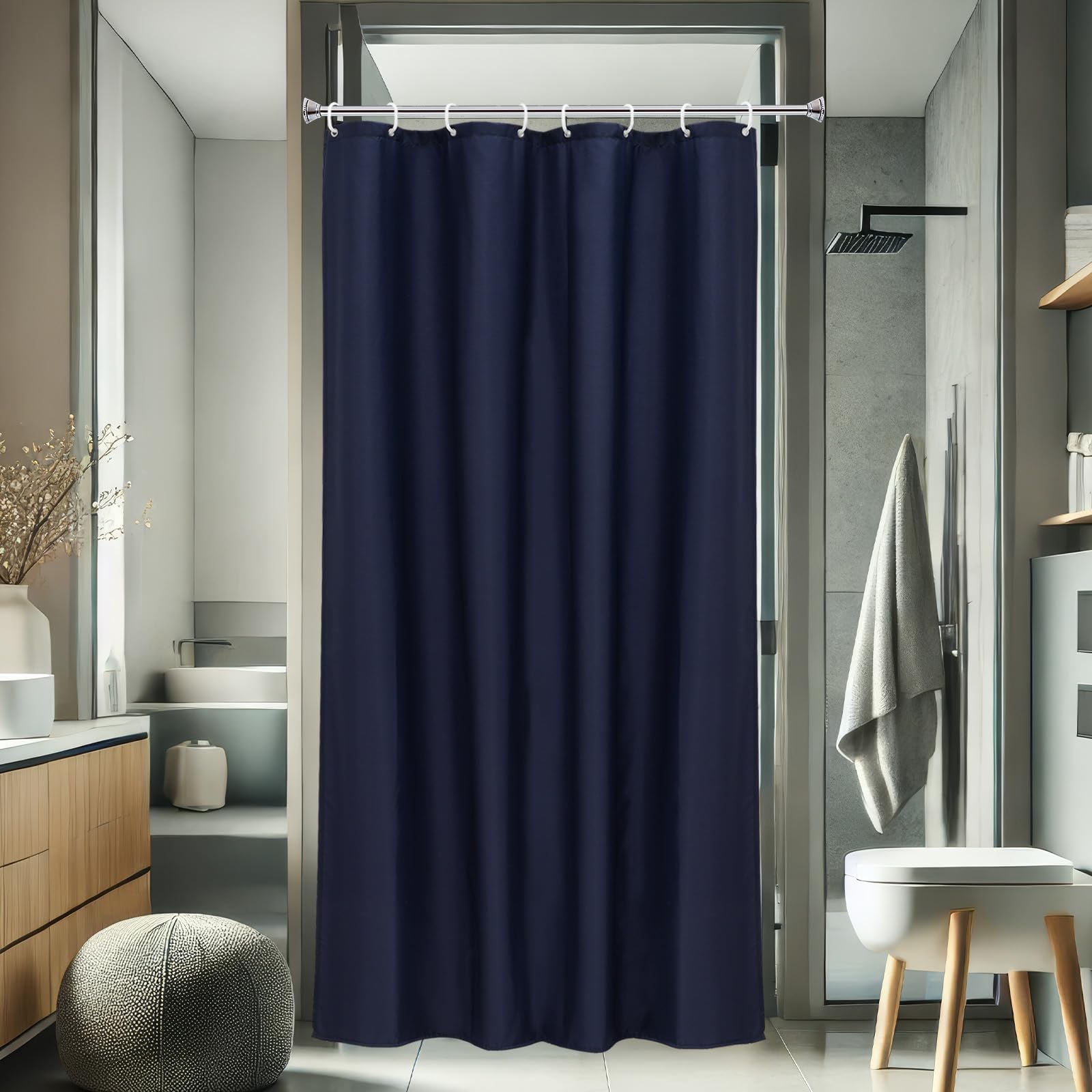 AooHome 48x72 inch Shower Liner, Stall Size Fabric Solid Color Bathroom Curtain with Hooks, Weighted Hem, Waterproof, Navy Blue