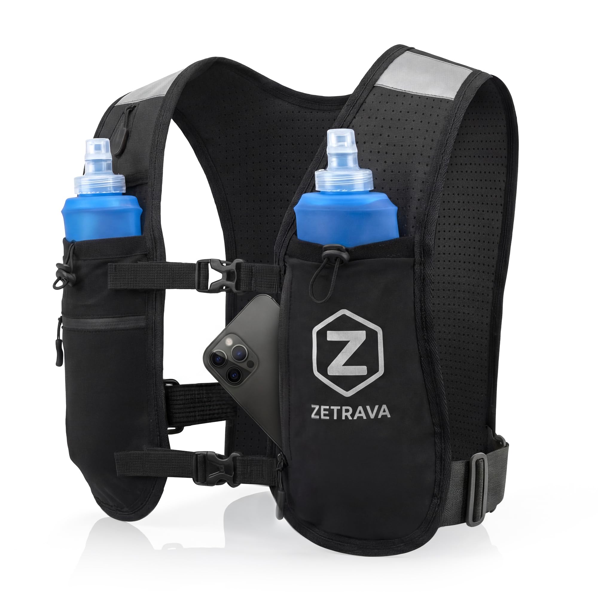 Adjustable Running Vest for Men Women – Running Hydration Vest with Two 500ml Bottles & Reflective Strips, Multiple Pockets & Bounce-Free Fit –