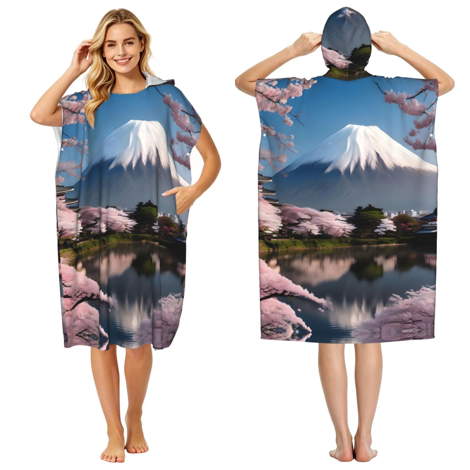 Zaixiansj 110cm Mt. Fuji in early spring Print Adult Changing Robe Hooded Towel Poncho Surf Swim Beach Cover Up with Pockets
