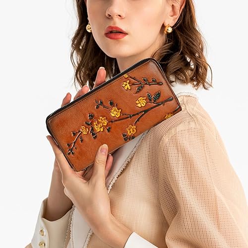 Miniatura 2 de Cartera de cuero con cremallera para mujer, estilo vintage, monedero de flores para mujer, Marrón, Estilo retro