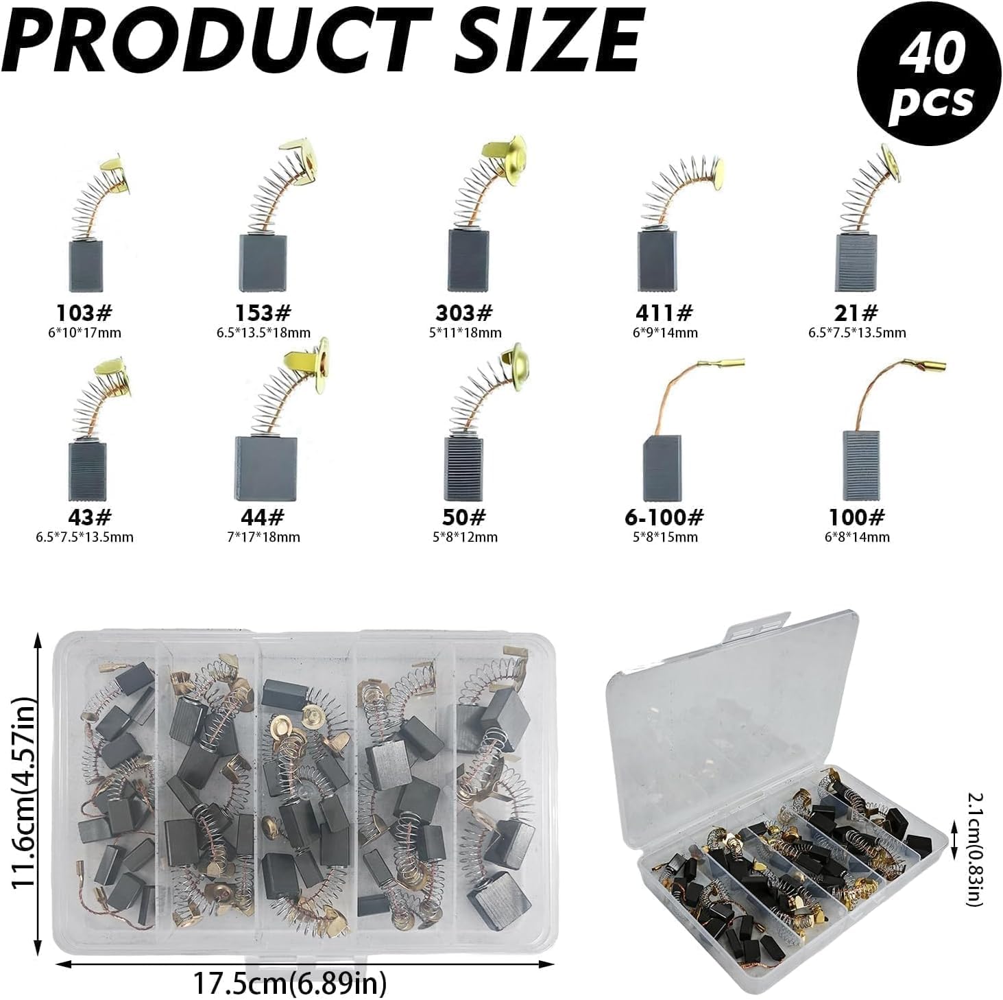 Spazzole Motorino Avviamento 40 Pezzi, 10 Misure Carbonio-Grafite per Utensili Elettrici con Scatola Trasparente, Resistenti all'Usura per Martelli Perforatori, Seghe Circolari
