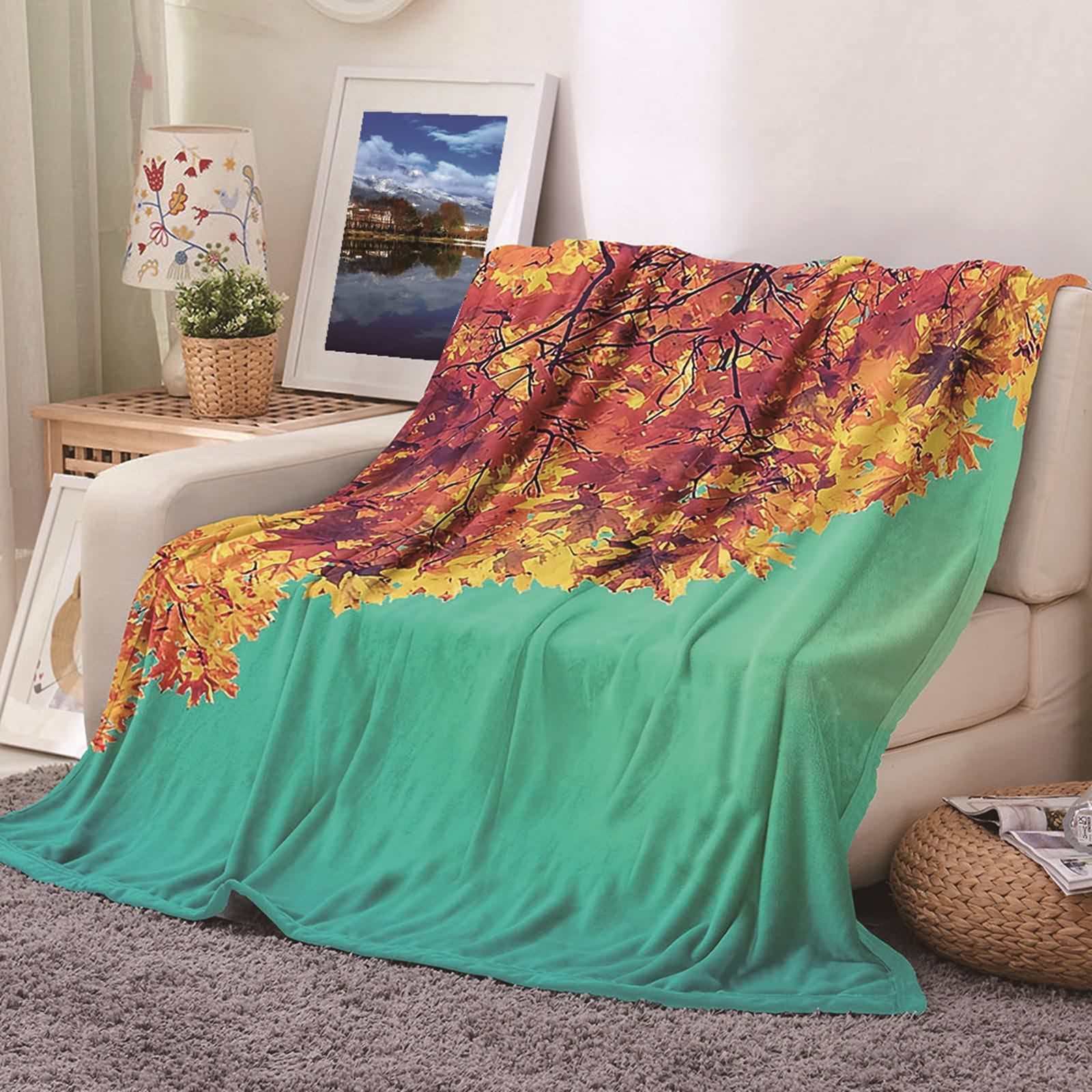 Couverture polaire flanelle KnSam feuilles d'érable pour lit et canapé