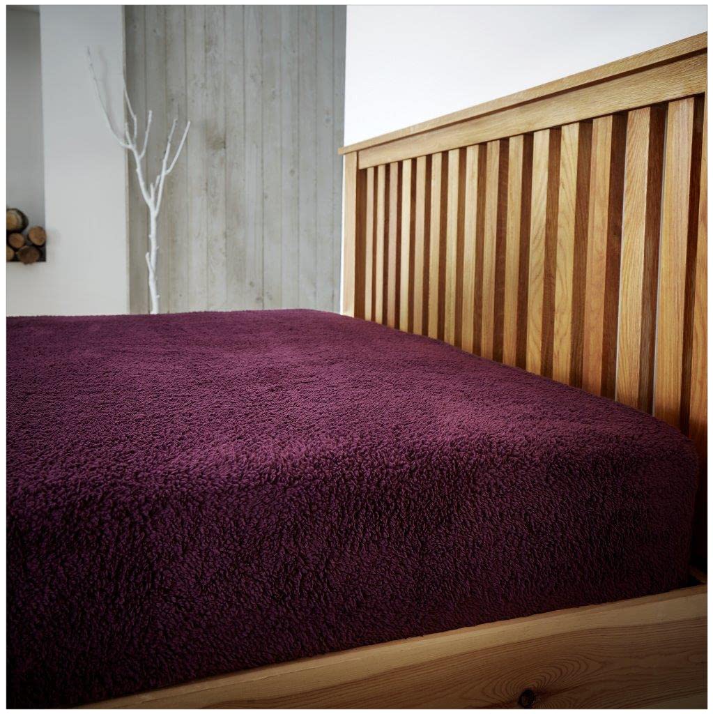 Pinkfairy Aubergine Teddy Plain Fleece Single Fitted Bed Sheet, Easycare Thermal Warm & Cosy Bear Bedding Super Soft Bedsheet,