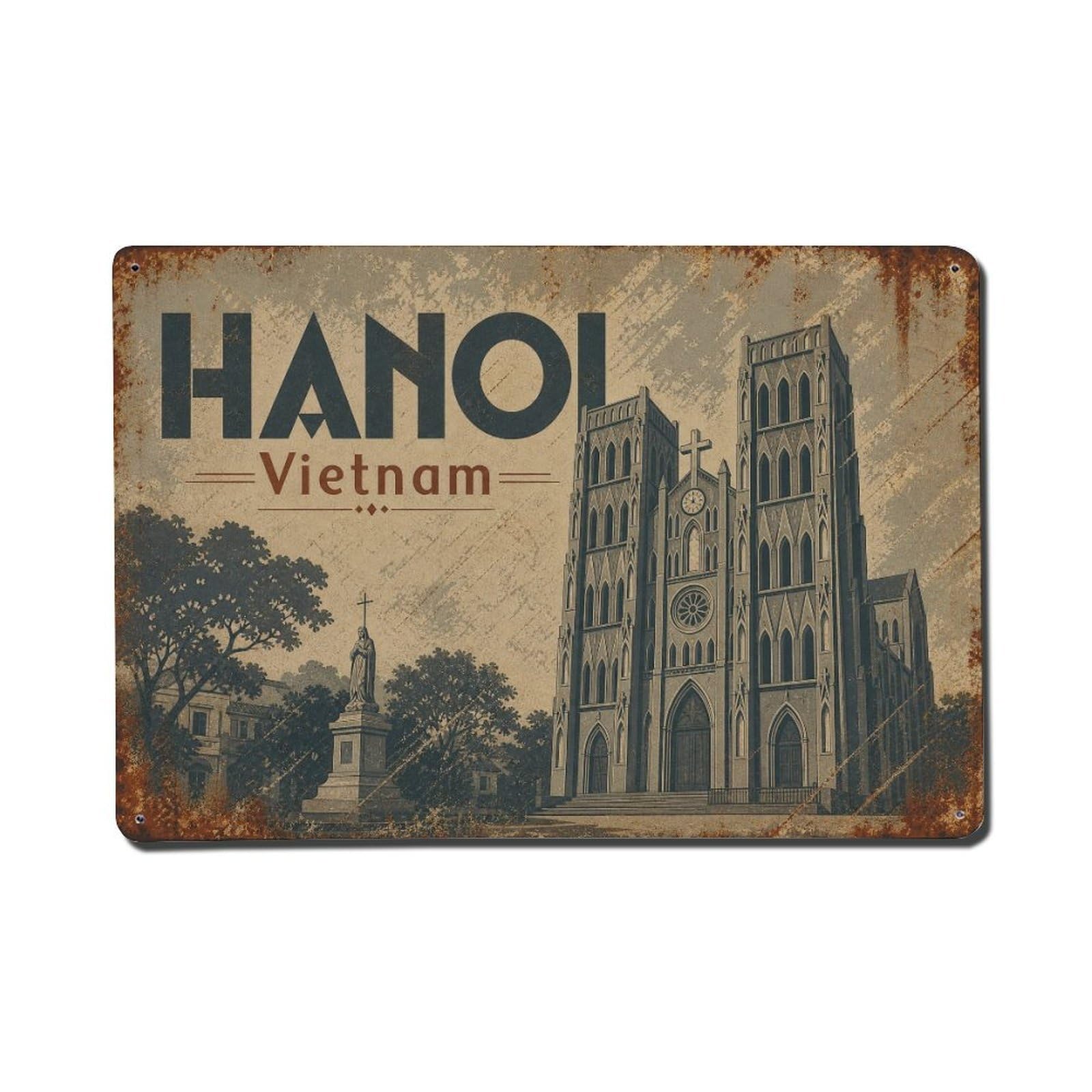 Hanoi Vietnam Colonial Cathedral Heritage Travel Metal Tin Sign