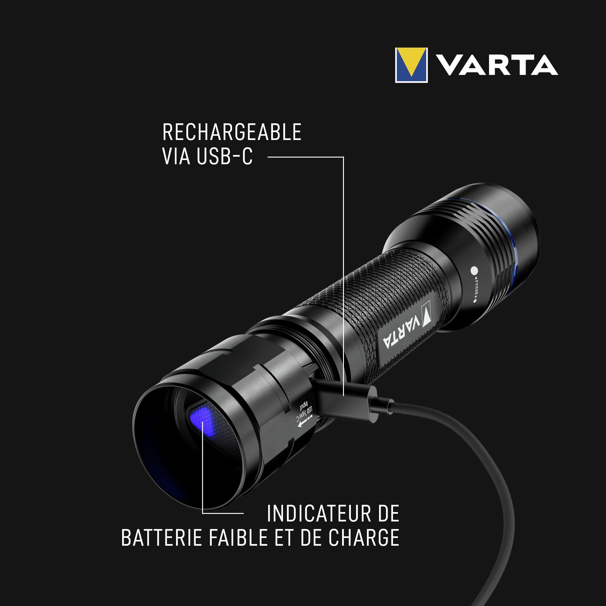VARTA Lampe Torche LED rechargeable, Night Cutter Pro F30R, Lampe torche pour l'extérieur et la maison, 1500 lm, étanchéité IP67, aluminium aéronautique, mise au point précise, dragonne incluse