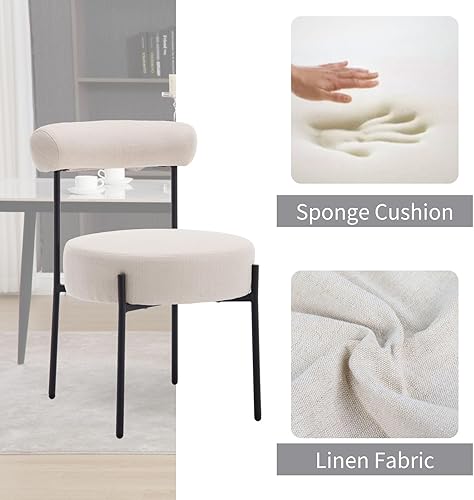 Miniatura 5 de Juego de 2 sillas de comedor modernas color beige, tapizadas de tela de lino, con respaldo de barril, sillas laterales de metal Boucle para cocina,