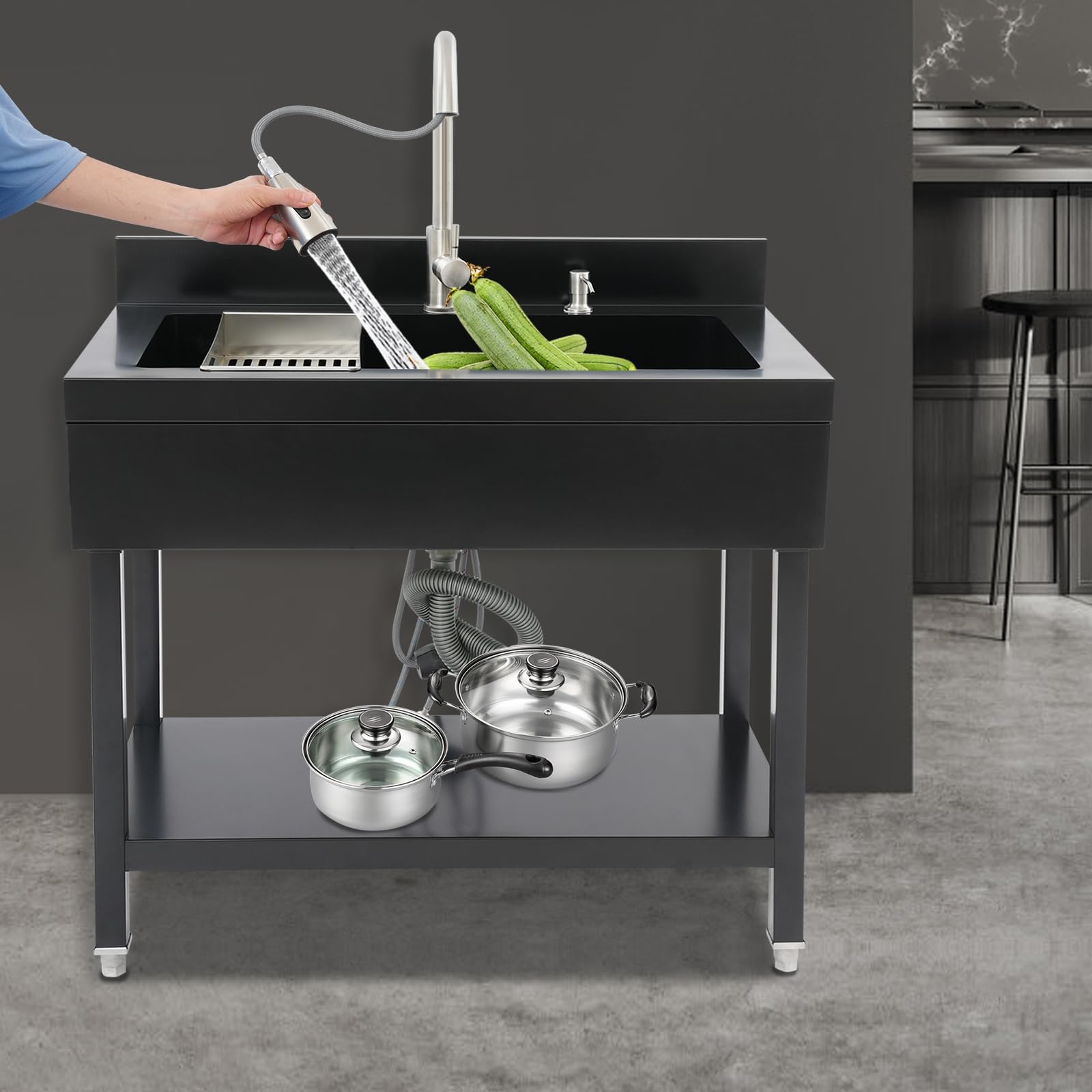 Freistehende Edelstahl-Spülbecken, Großes Einzelbecken Spültisch mit Abtropfkorb & Ausziehbare Wasserhahn, Gewerbliche Küchenspüle Spülschrank für Zuhause Waschküche (90x60x80 cm, Schwarz)