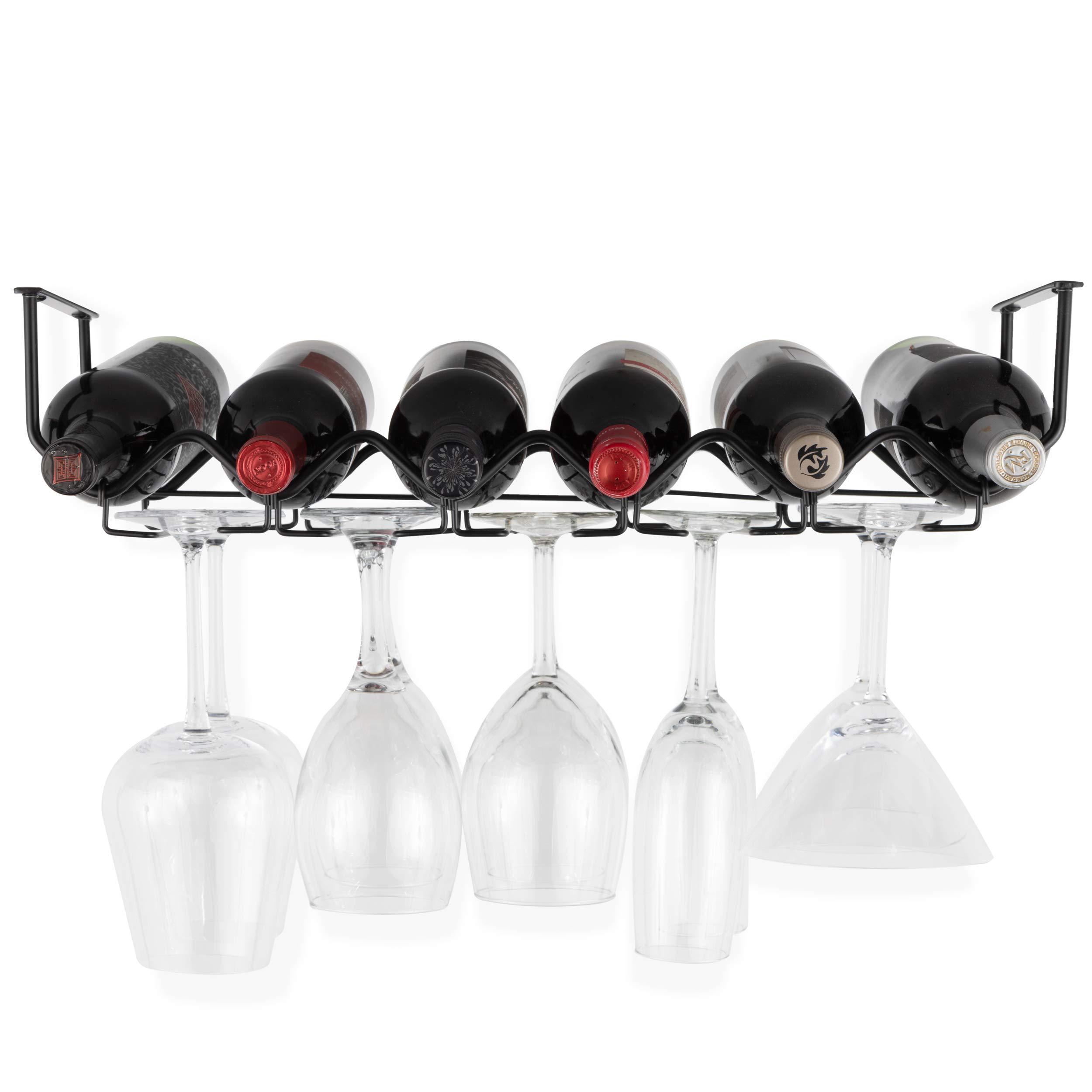 Wallniture Piccola Under Cabinet Wine Rack & Glasses Holder, Kitchen Organization with 6 Bottle Organizer Metal Black