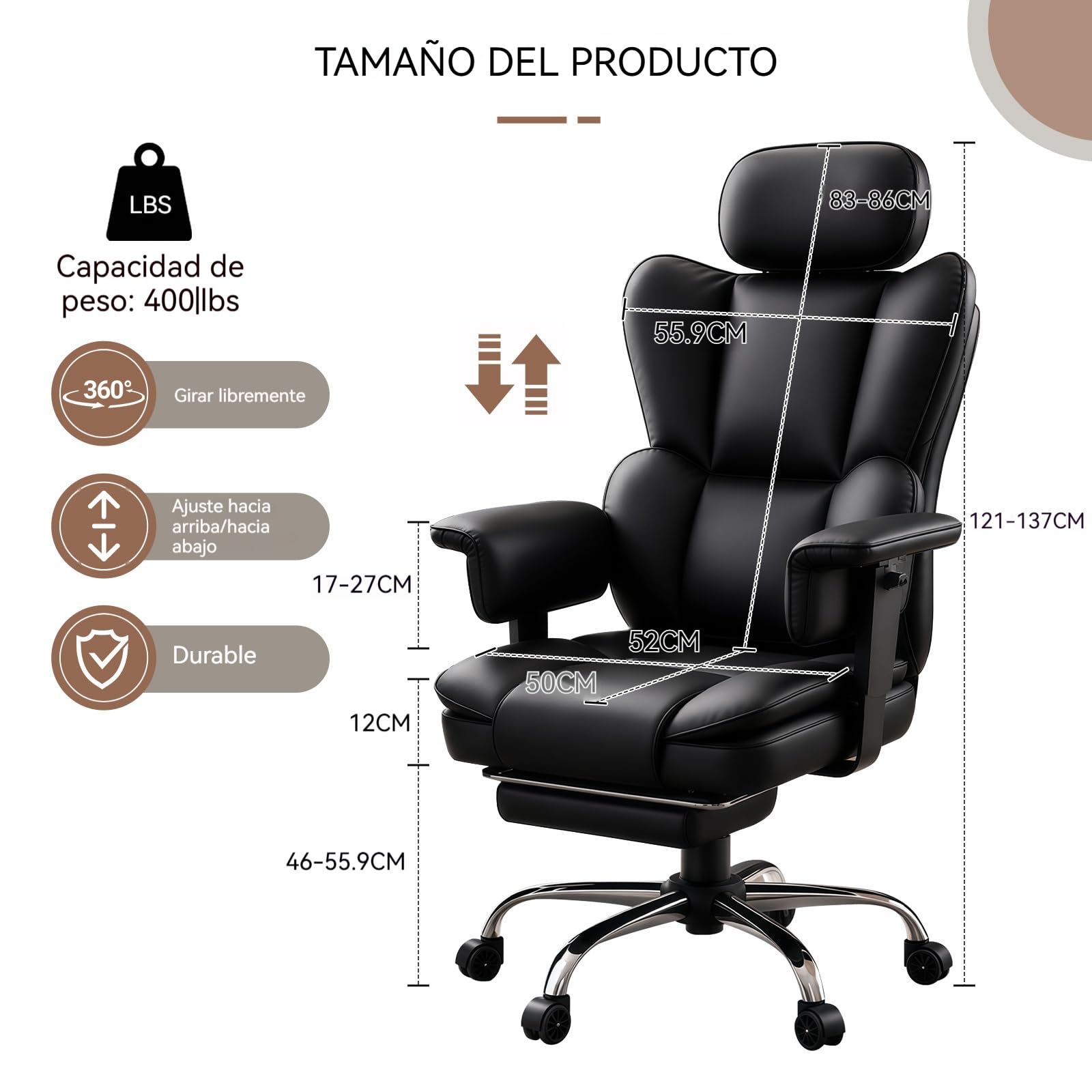 Silla Oficina Ejecutiva,Respaldo Alto En Cuero PU Giratoria con Reposa-pies,Diseño Ergonómico Reclinable con Soporte Lumbar Y Reposabrazos Ajustables para Hogar O Gaming (Negro)