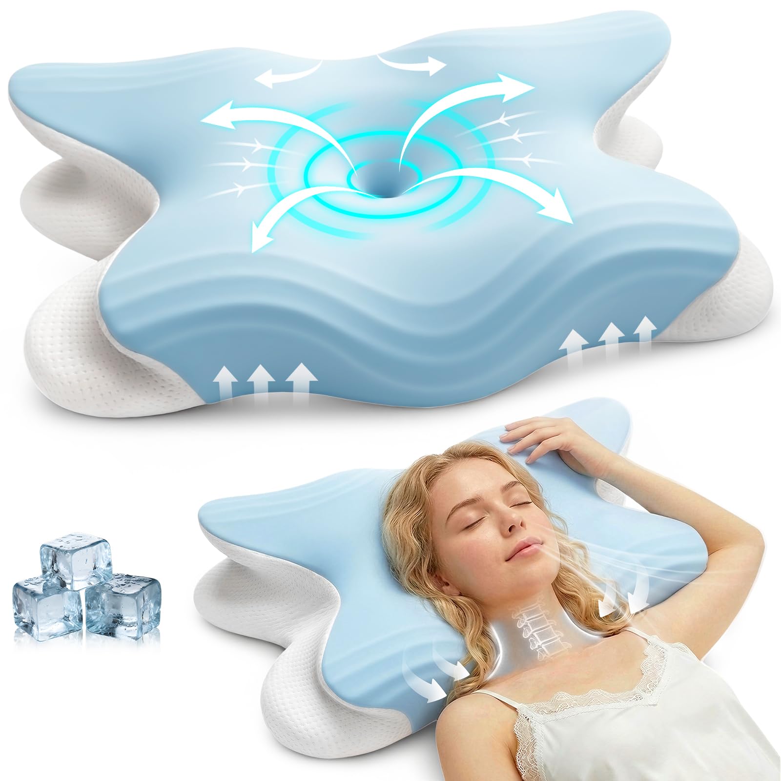 Almohadas Cervicales para Dormir, Almohada Ortopédica de Memoria de Forma con Diseño Mariposa, Cojín Ergonómico para Dormir de Lado, Espalda y Boca Abajo, 62 x 42 x 10,5 cm, Azul