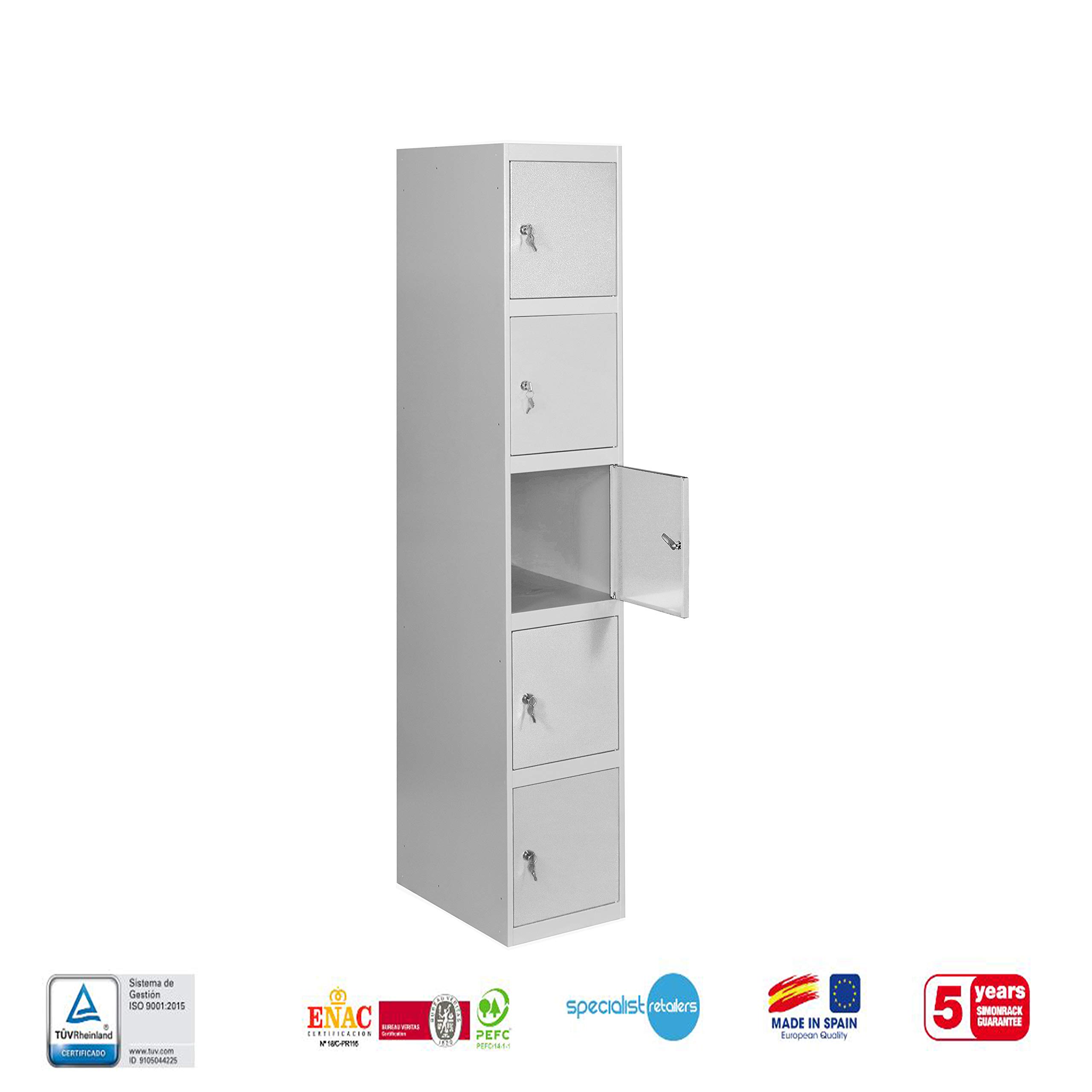 SimonRack Taquilla Vestuario Metálica, 5 Puerta, Incluye Llave, 1800x300x500 mm, Gris - SimonLocker | Contiene 2 llaves, pintura anticorrosión, color gris