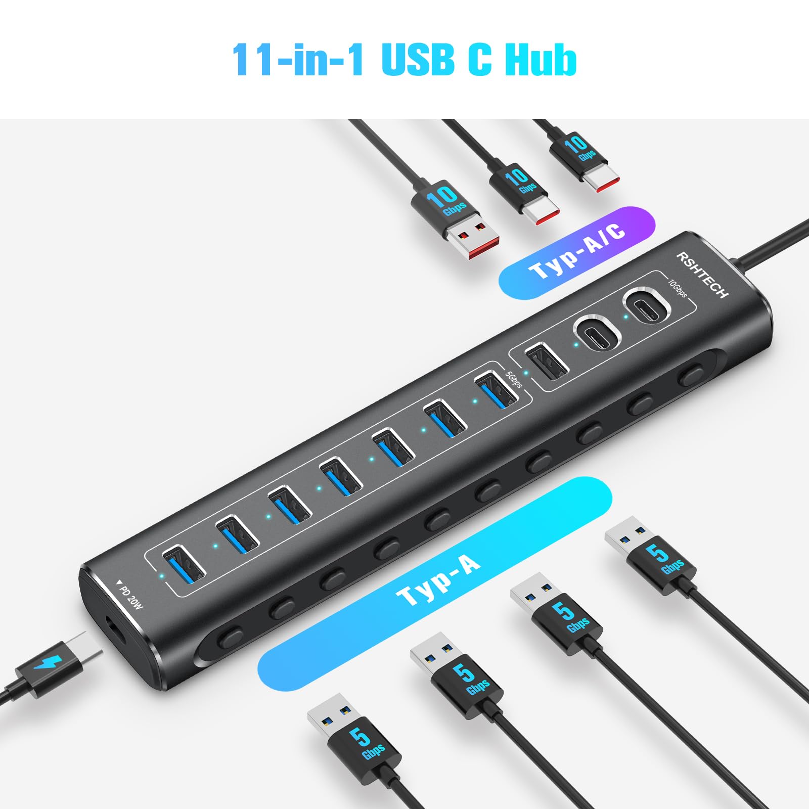 USB C 3.2 Hub Aktiv mit Netzteil (60W 12/5A), RSHTECH 11-Port USB C 3.1 Gen2 Hub mit 20W PD, 3 * 10Gbps (2*Typ-C, 1*Typ-A), 7 * 5Gbps (7*Typ-A), 2-in-1 Kabel, Aluminium USB Verteiler, RSH-A11PD
