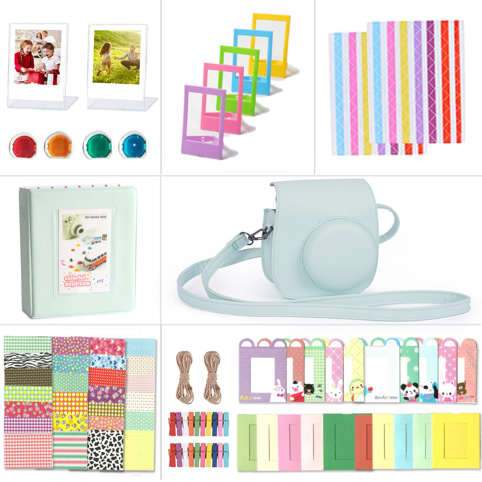 Kit Accessori per Fujifilm Instax Mini 12, Include Custodia Mini 12, Album, Filtri, Cornici da Parete e da Tavolo, Adesivi Decorativi per Bordi e Angoli (Verde Menta)