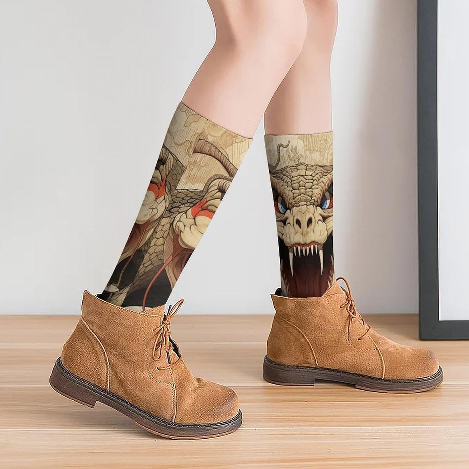 Breathable Crew Sock, Moisture Wicking, Athletic Calf Socks, Cozy | Snake Open Mouth Compression Socks for Women Men, Lightweight High Work Socks for Business, Casual
