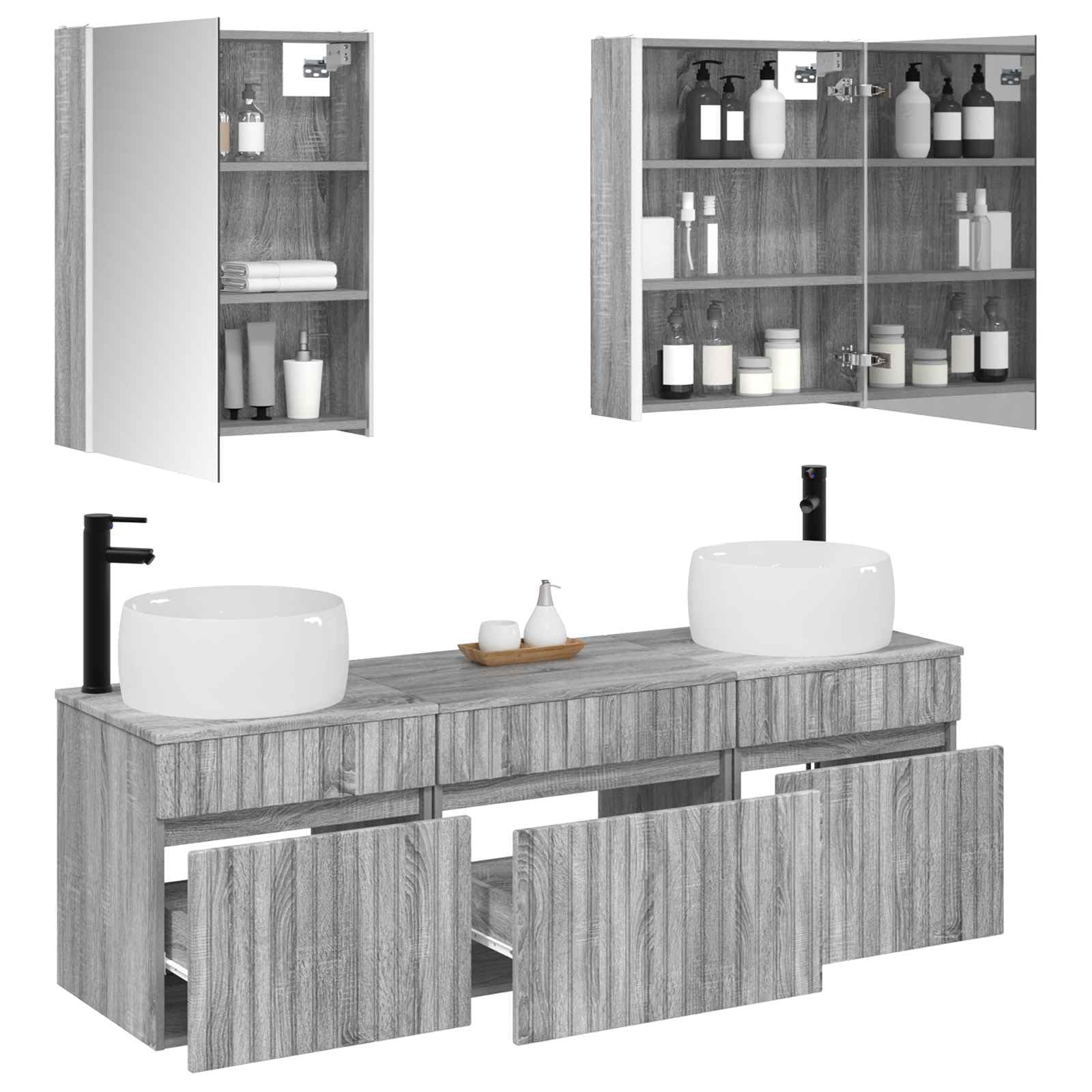Juego de 5 armarios de baño Sonoma gris 53 x 15,5 x 70 cm estante de madera con espejo LED montado en la pared, versátil, resistente a la humedad, ahorro de espacio, diseño moderno