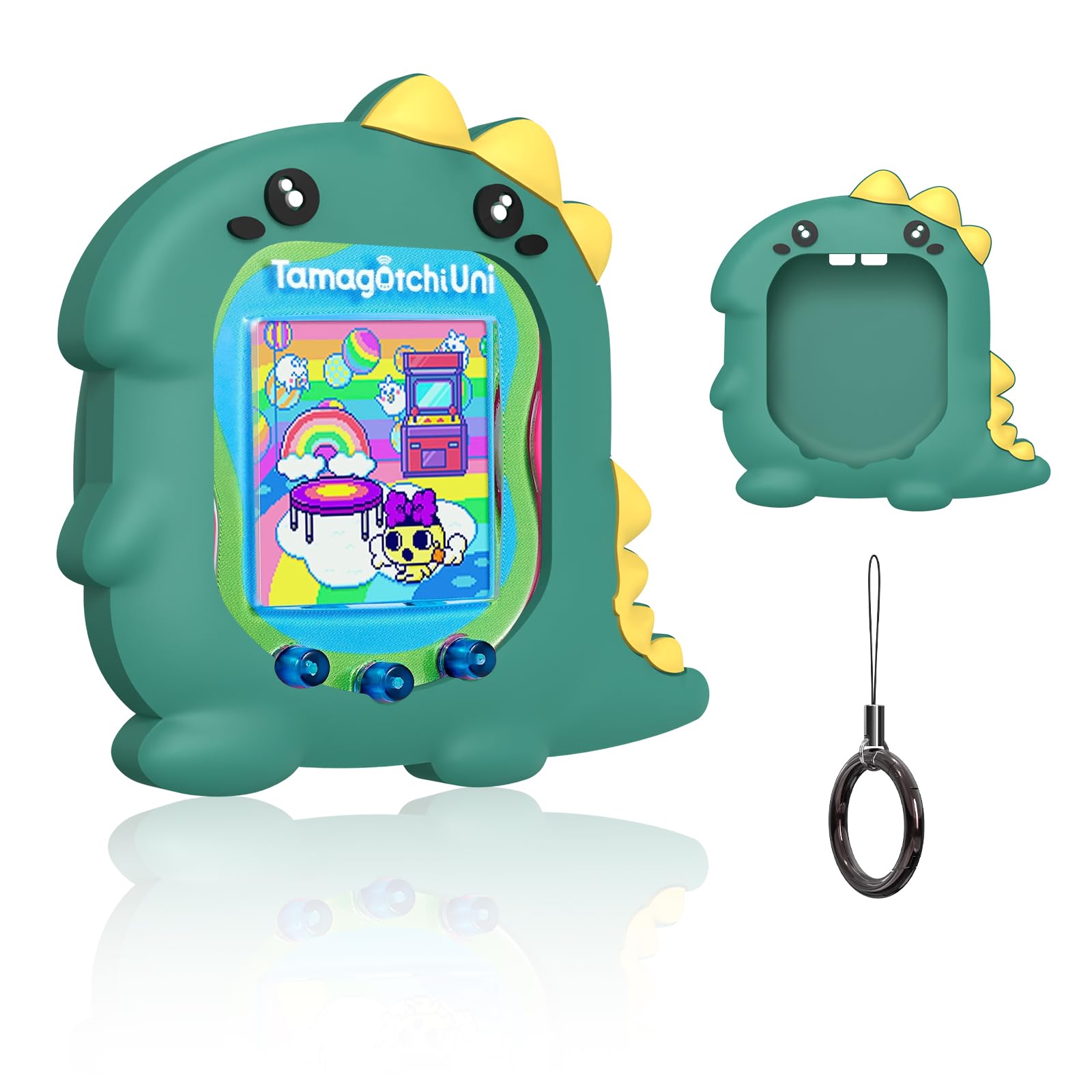 MOWYEOK Silicone Case for Tamagotchi Uni (2023), MOWYEOK Shockproof Protective Case with Cartoon Pattern for Tamagotchi Uni Game Console Accessories, with Round Buckle Lanyard (Dinosaur)