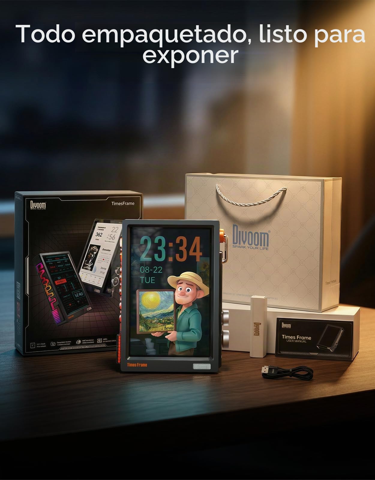 Divoom Times Frame - Marco de Fotos Digital Transparente de 10,1 Pulgadas con WiFi y 64 GB, Pantalla IPS Flotante y botón Giratorio RGB, 400 diales, widgets y Comunidad de Arte de píxeles (Negro)