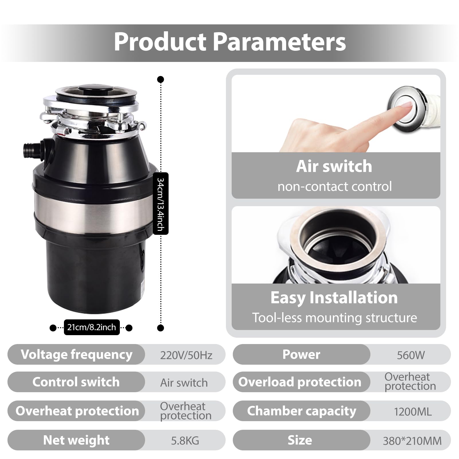 Triturador de Basura de 1,2 L con recogedor de residuos, 560 W, para Fregadero, con protección antiagarrotamiento y contra sobrecargas, y protección acústica. Ideal para Cocina y Fregadero.