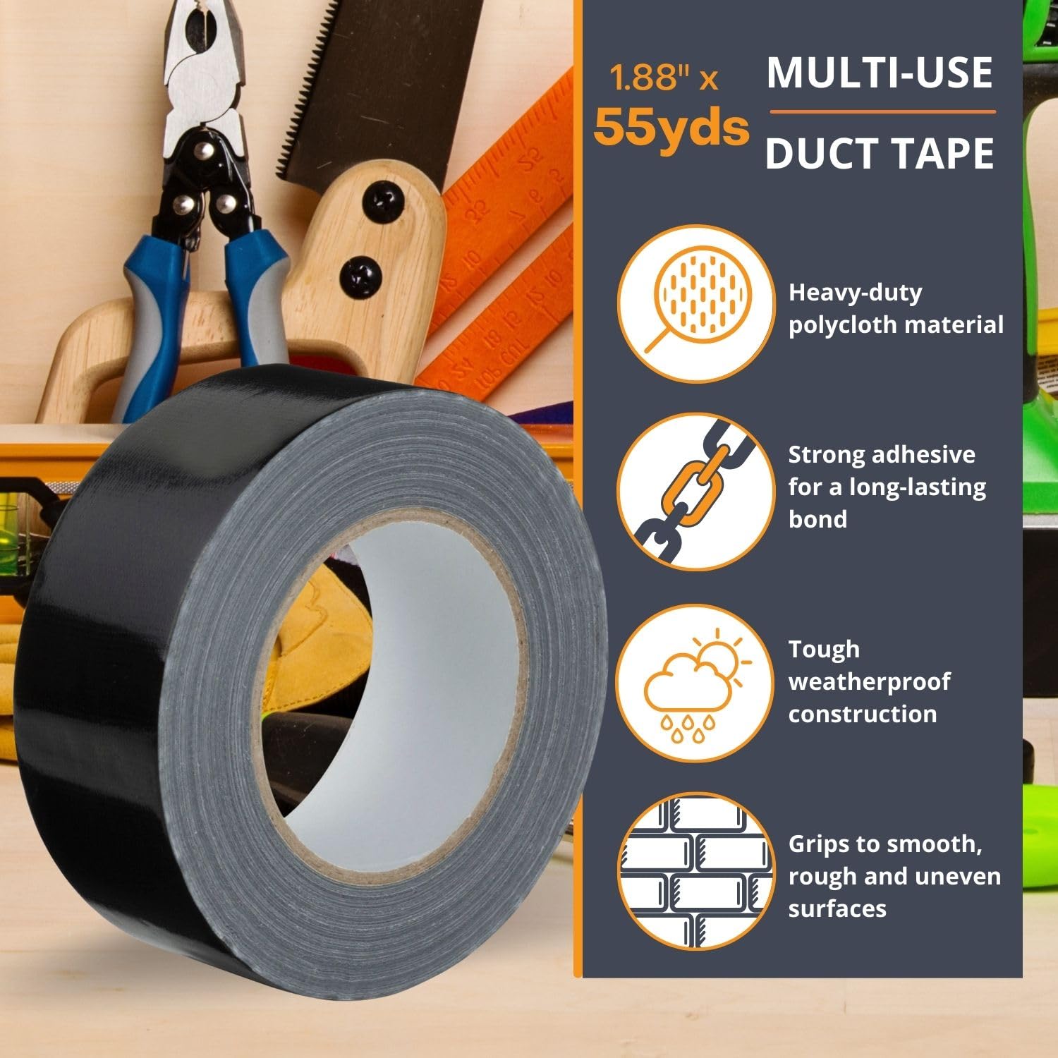 GTSE - Ruban Adhésif Toilé Duct Tape 50 m x 48 mm Noir Lot de 3 rouleaux