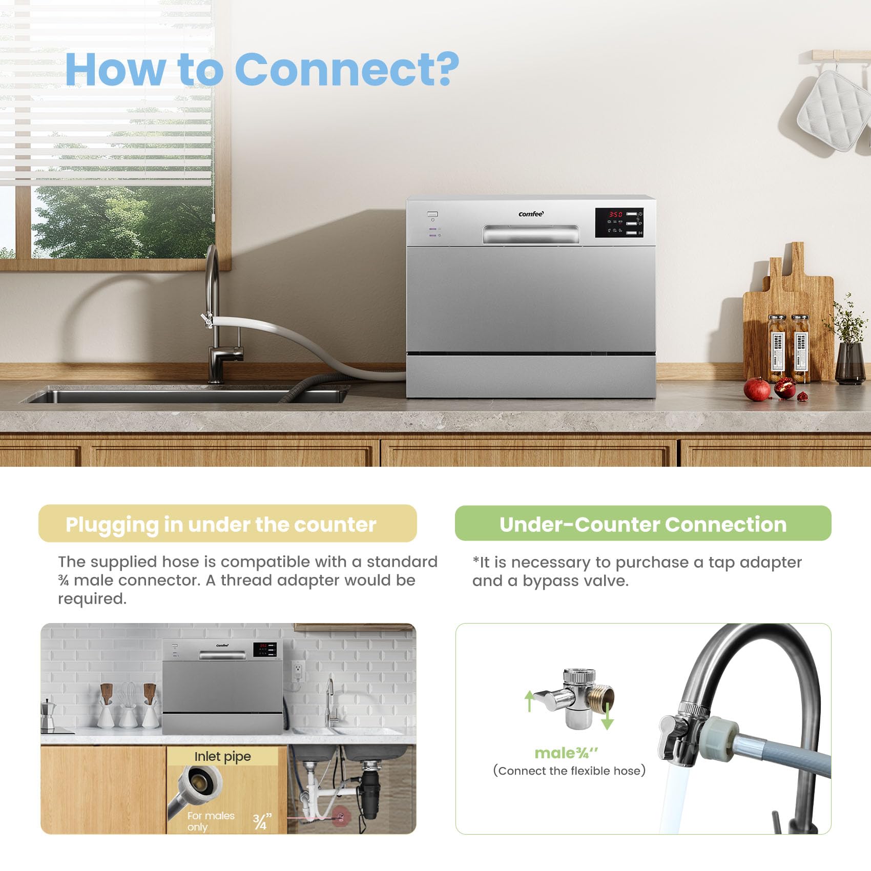COMFEE' 2026 New Upgraded Table Top Dishwasher with 6 Place Settings, Mini Countertop Dishwasher for Small Families, Couples, Auto Open Dry, LED display, Delay Start, 47dB Quiet Noise, Silver — view 7