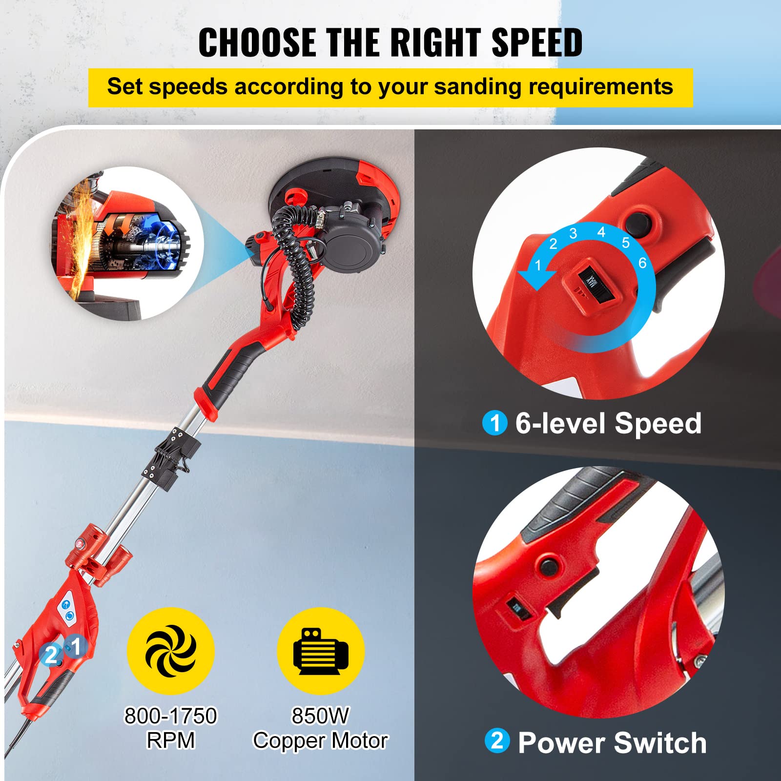 Mophorn VEVOR 850 W Levigatrice a Muro, Lucidatrice per Lavori a Secco, Levigatrice Telescopica per Pareti e Soffitti, Levigatrice a Giraffa, Ideale per Levigare Soffitti e Pareti, Rosso