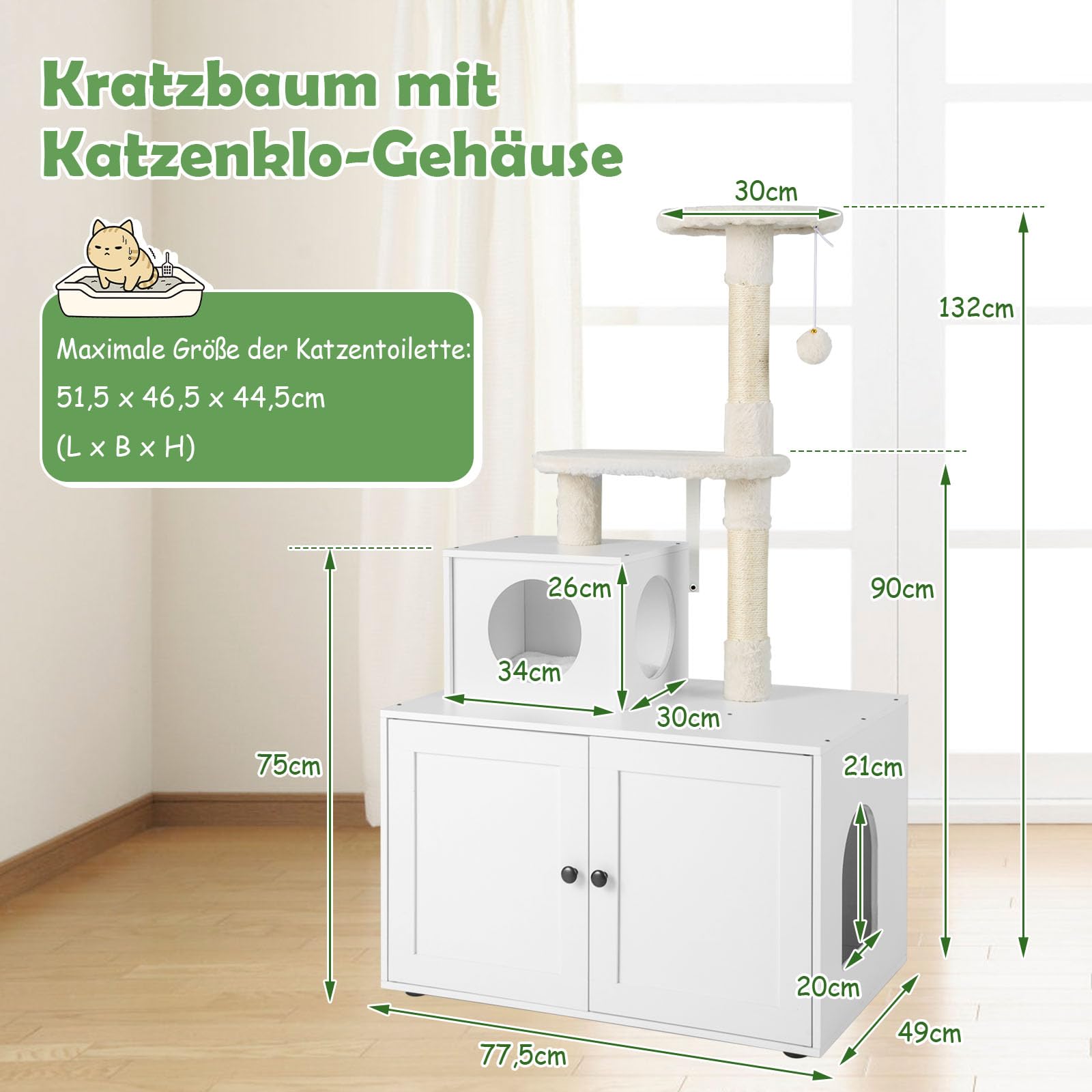 GYMAX 2-in-1 Kratzbaum 132 cm, multifunktionaler Katzenbaum mit Katzentoilette, Katzenschrank mit Katzenhaus, Kletterbaum, Katzenkratzbaum mit Plattform, Sisal-Kratzpfosten & hängendem Ball (Weiß)