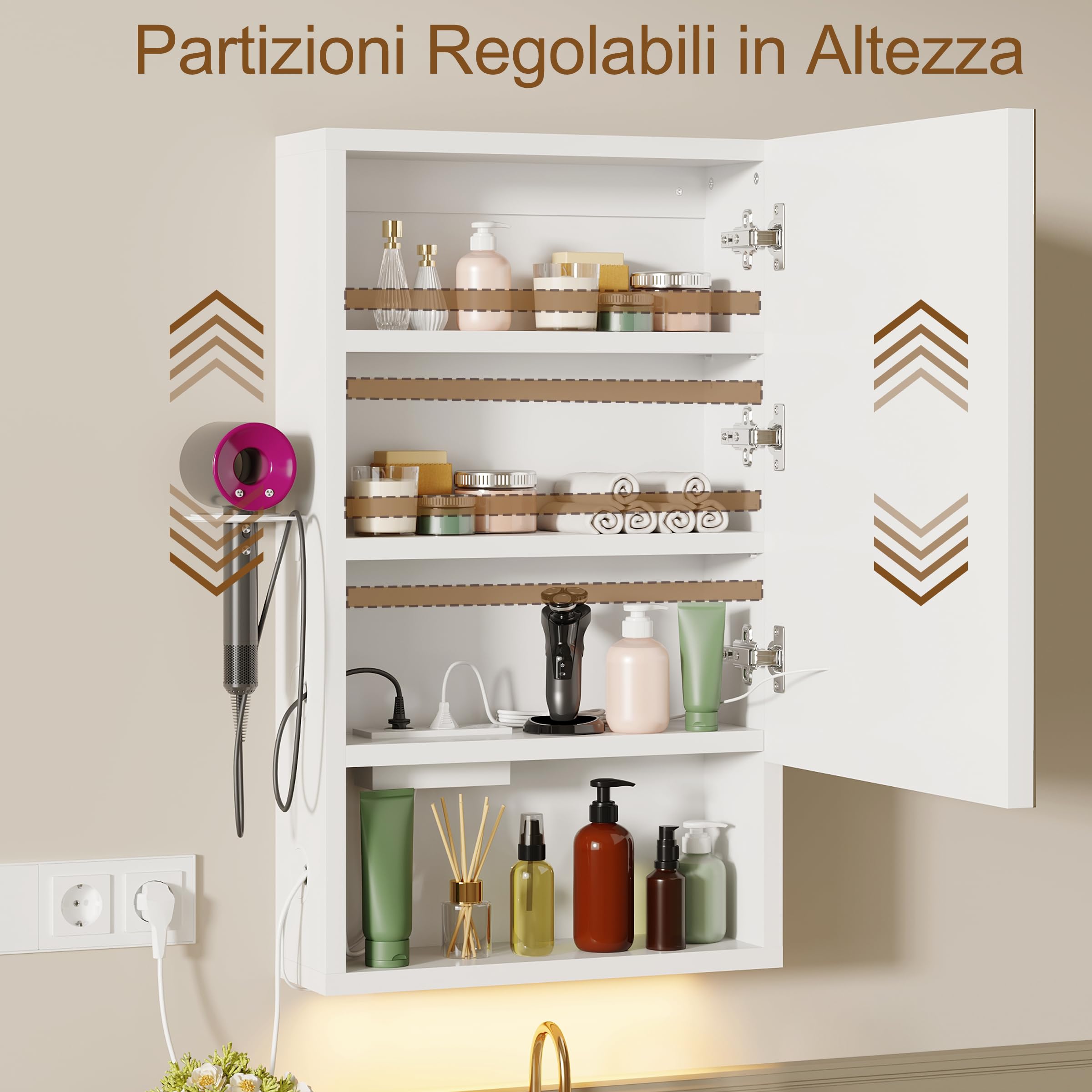 Specchio Bagno Contenitore con illuminazione e Antiappannamento Armadietto Bagno a Parete con indicazione di orologio e temperatura, Presa e 4 scomparti portaoggetti per il Bagno 47 * 80 * 16 cm