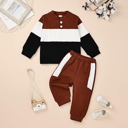 Miniatura 2 de DOMOABEI Conjunto de ropa de manga larga para bebé niño para otoño, invierno, sudadera con contraste de color, pantalones, conjunto de 12 meses a 5