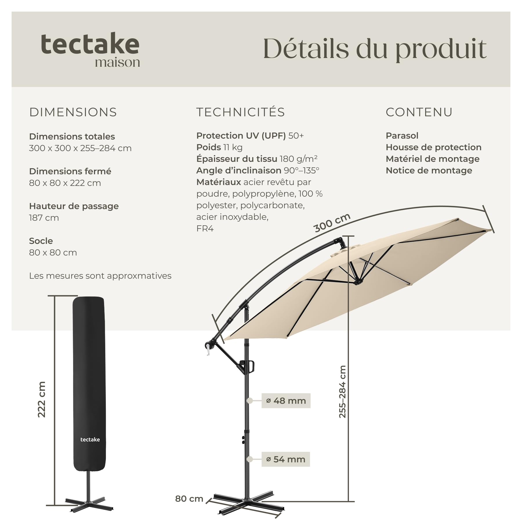 Tectake Parasol déporté 3x3 m Pivotant 360° Inclinable 90°-135° Protection UV 50+ Double-toit Jardin Terrasse