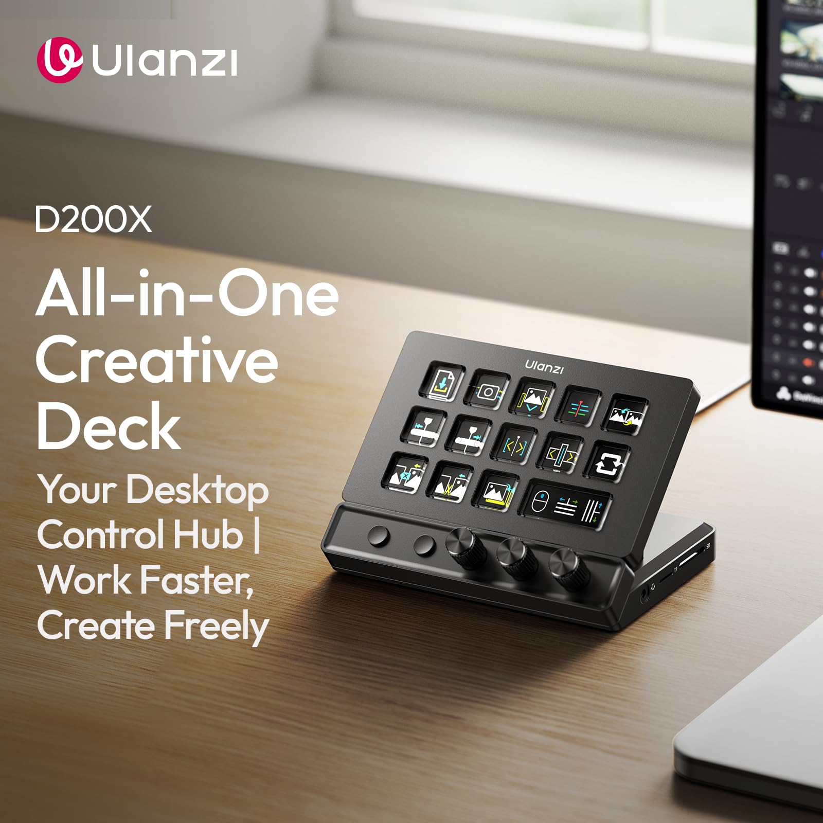 ULANZI D200X Controlador de Streaming con 3 Mandos, Teclado Macro con 14 Teclas LCD Personalizables y Estación de Acoplamiento con Concentrador USB-C 8 en 1 y Salida HDMI 4K para Fotografía y PC