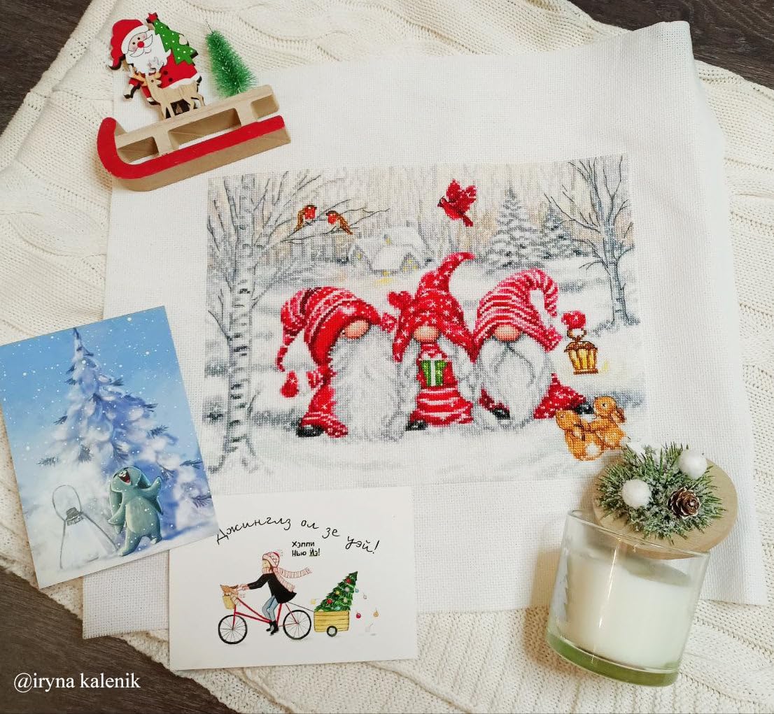 Luca-S Cross Stitch Kit Three Gnomes in Wood, BU5050, Counted Cross Stitch Kit for Adults, Needlecraft and Embroidery Kit