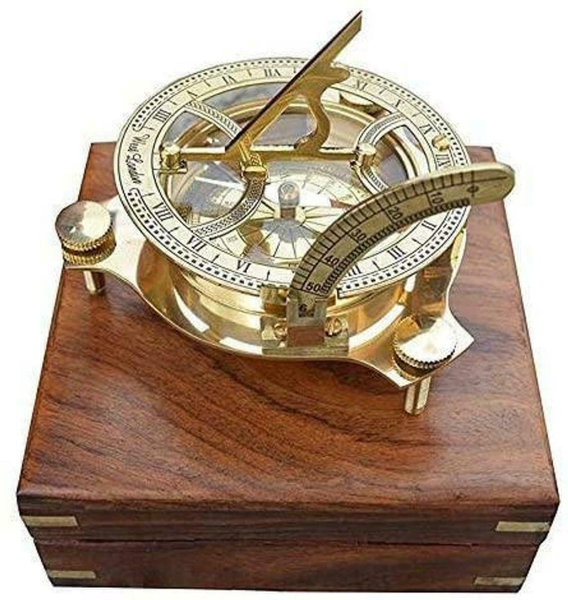 Marina Cadran solaire boussole avec boîte en bois Décoration antique Cadeau maritime