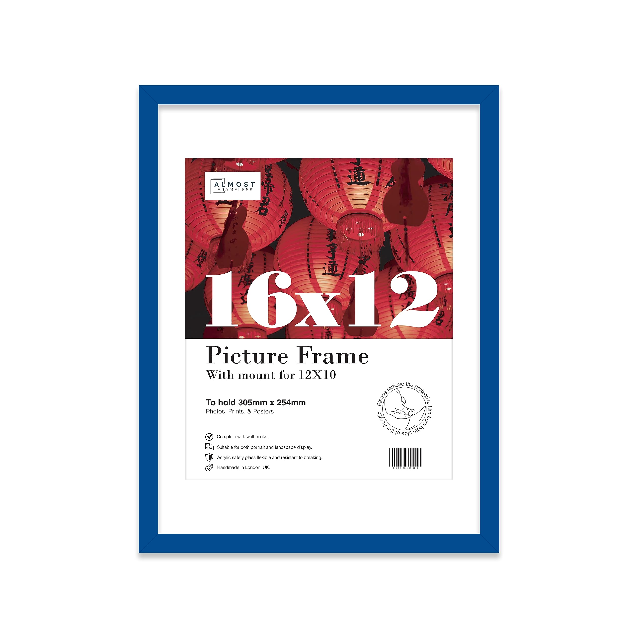 Almost Frameless 16x12 Blue Picture Frame With Mount for 12x10 Print, Poster or Photo Poster, Photo, Artwork, or Print. Thin Edge Slim Frame Portrait and Landscape Display with Wall Hooks โ image 1