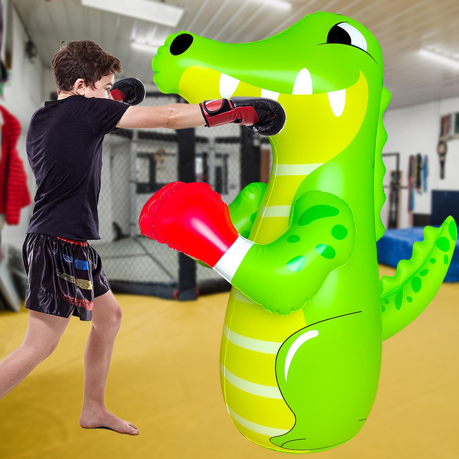 Saco de boxeo de 120 cm para niños, saco de boxeo de pedestal para niños, chupete inflable, saco de boxeo inflable de dinosaurio, saco de boxeo antiestrés para niños