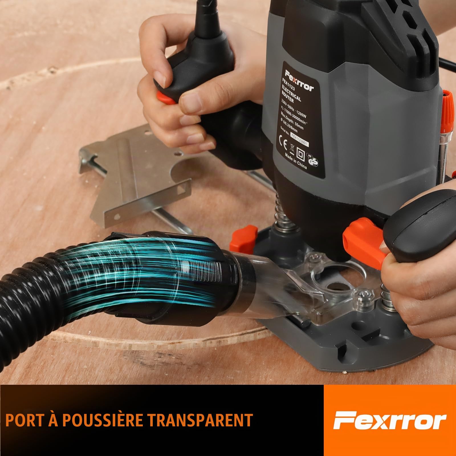 Affleureuse Défonceuse a Bois 1200W, Fexrror Affleureuse avec 30000 RPM, 7 Vitesses, Set de 12 Fraises, Port de Poussière, Support de Eail Parallèle, Réglage de la Profondeur de Fraisage