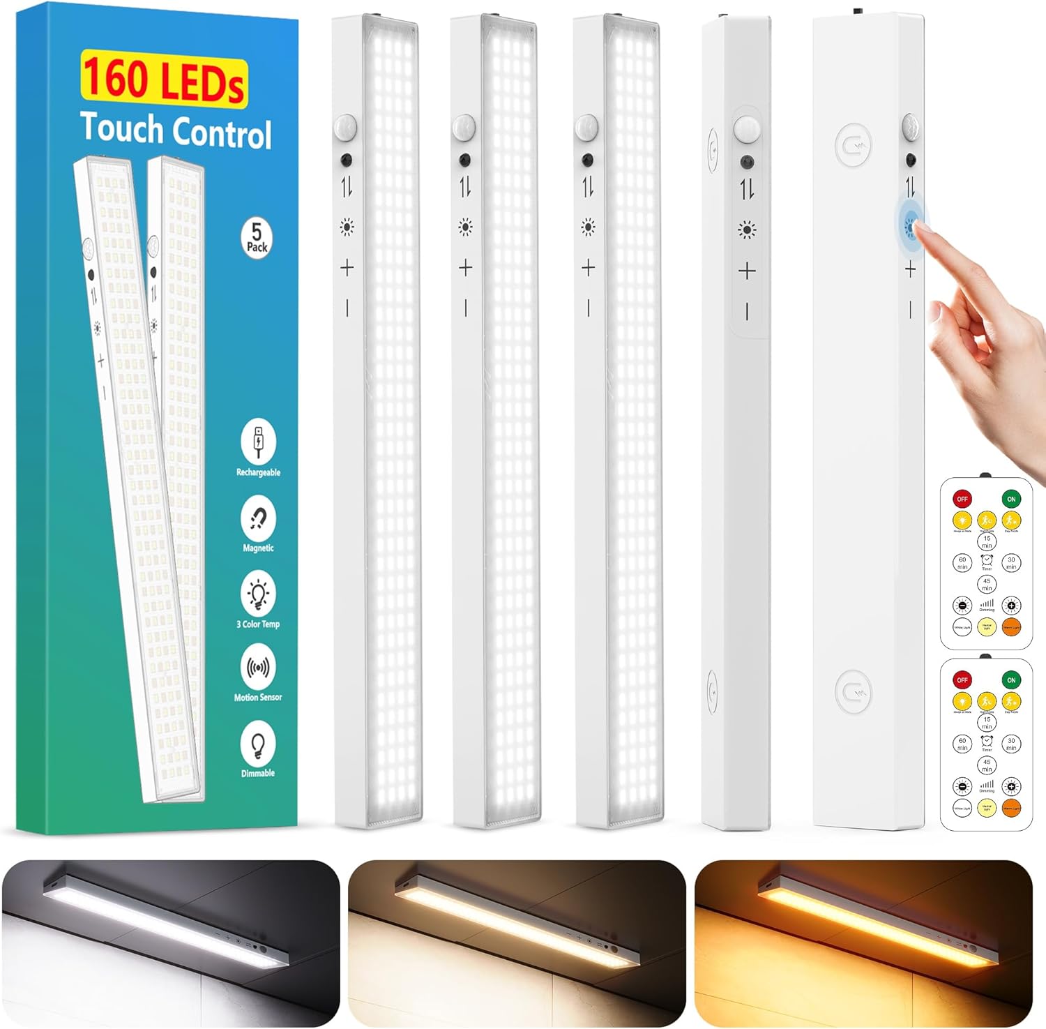 160LEDs Touch-Control Under Cabinet Lighting w/4000mAh Battery, Cordless Motion Sensor Under Counter Lights for Kitchen, Magnetic Rechargeable Closet Lights - 5Pack/White, 2025 Fall White 5Pack