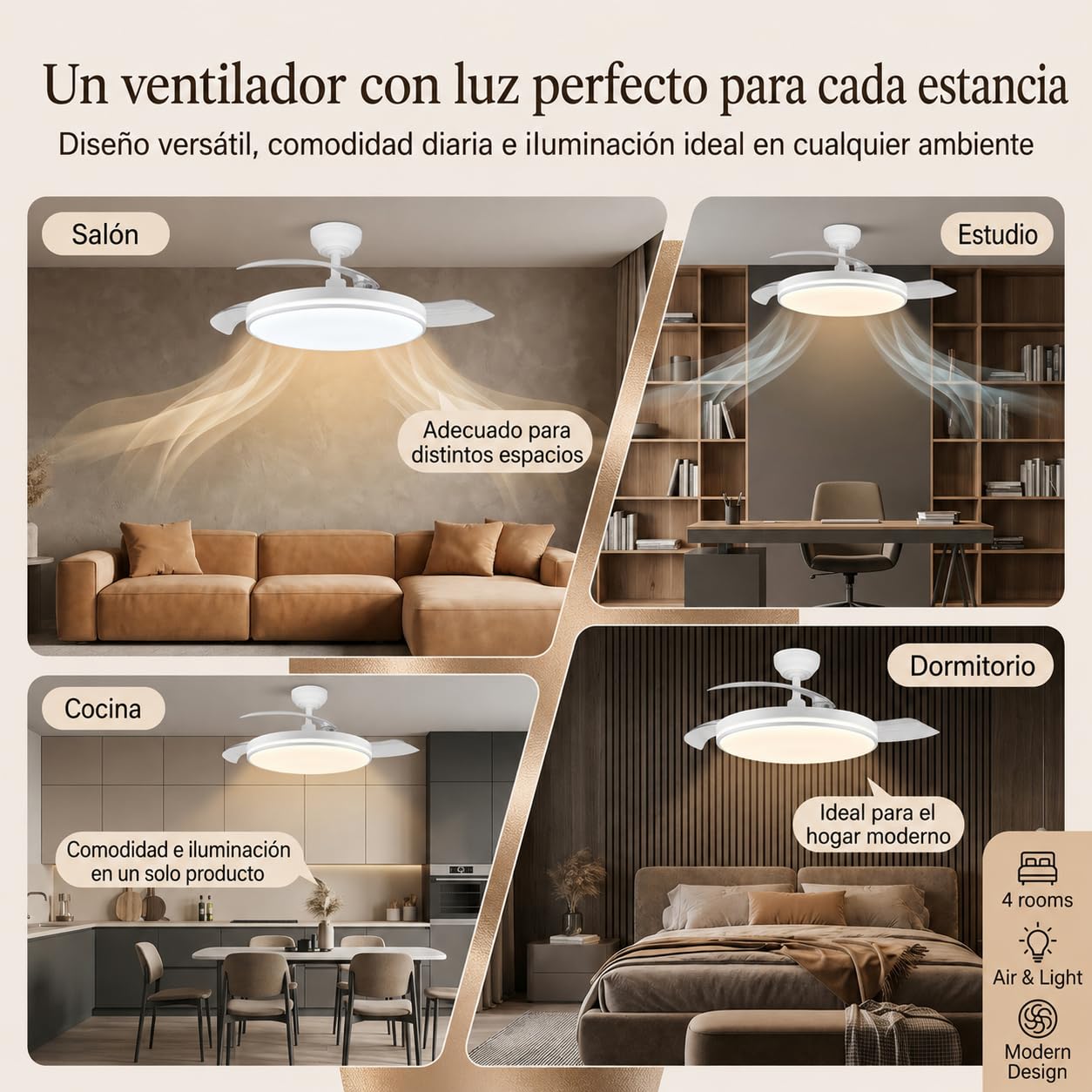 MARSI Ventilador de Techo con Luz y Aspas Retráctiles 106 cm, Motor DC Silencioso, 6 Velocidades, LED Regulable con Mando a Distancia, Función Verano Invierno para Dormitorio y Salón