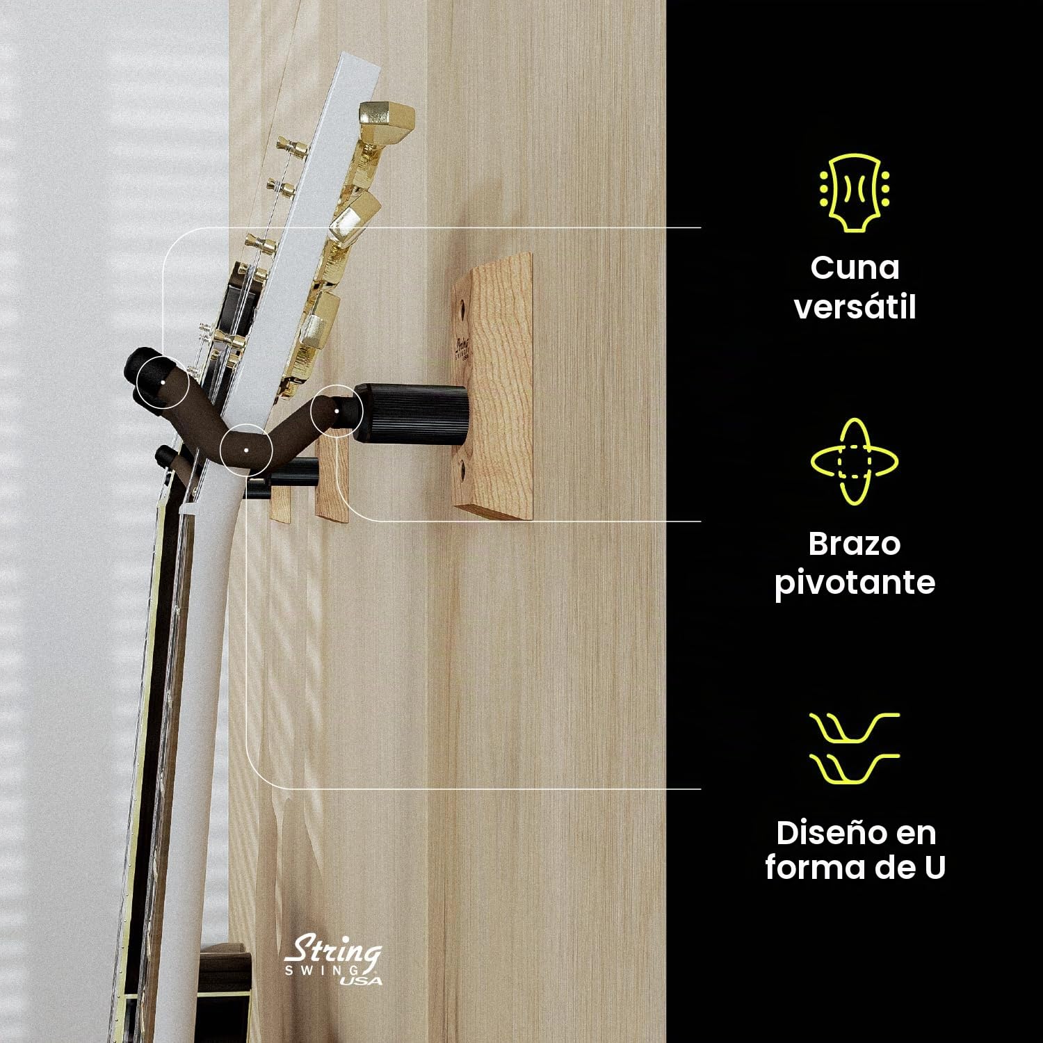 String Swing Percha De Guitarra – Soporte para guitarras eléctricas y acústicas y bajos – Colgadero Montaje De Pared– Instrumentos musicales seguro sin estuche duro – madera sólida CEREZA Hecho a Mano en los EE. UU.