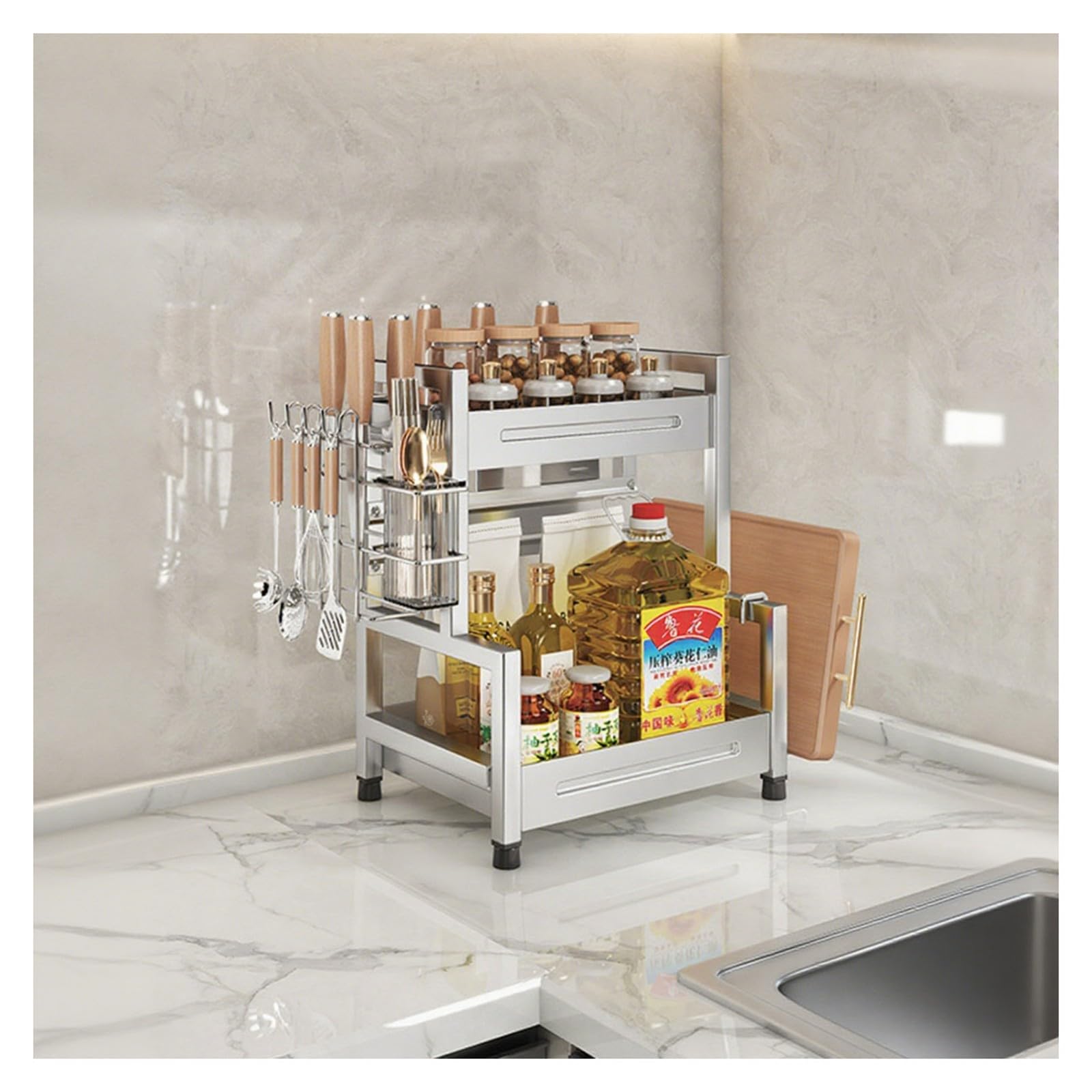 HADECOLL Stainless Steel Spice Rack With Hooks And Utensil Holders, 2-Tier Shelf Organizer For Sugar, Salt, Pepper And Oil Bottles,2 Tier-30cm/11.8in