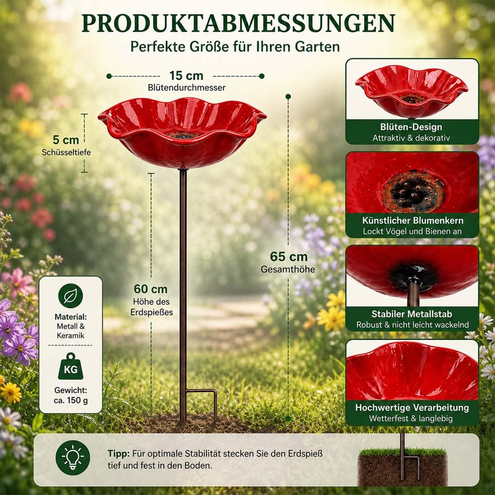 Blumenstecker VogelträNke,Blumen Gartenstecker VogelträNke,Gartenstecker Metall Blumen,BlumenträNke füR VöGel,Outdoor-Vogelfutterstation, Garten, Hof, Terrasse (Violett + Orange + Rot + Rosa)