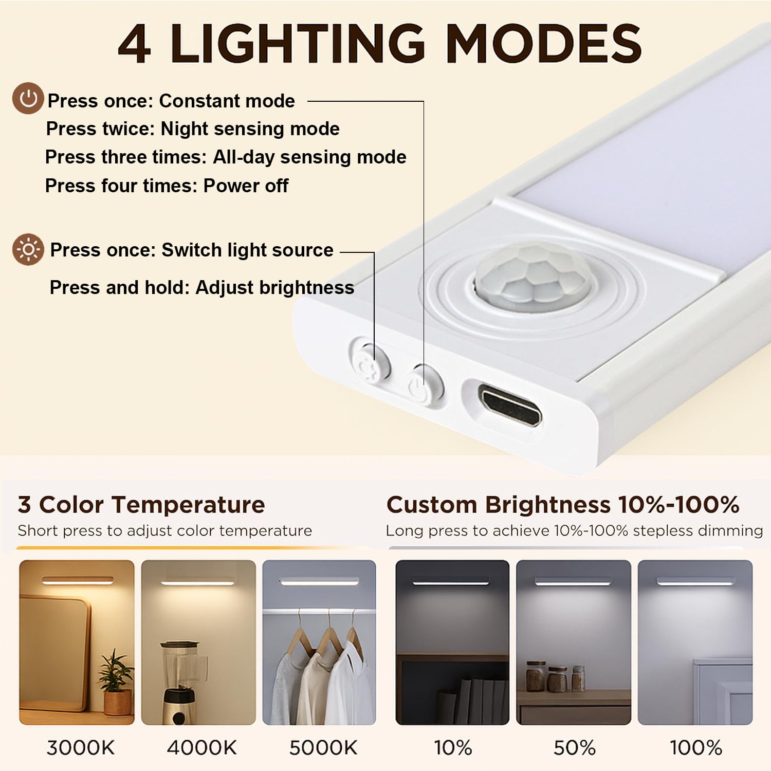 TZFTZ 2 Pack Under Cabinet Kitchen Lights LED, Motion Sensor Cupboard Lights, USB-C Rechargeable Dimmable Strip - Image 2