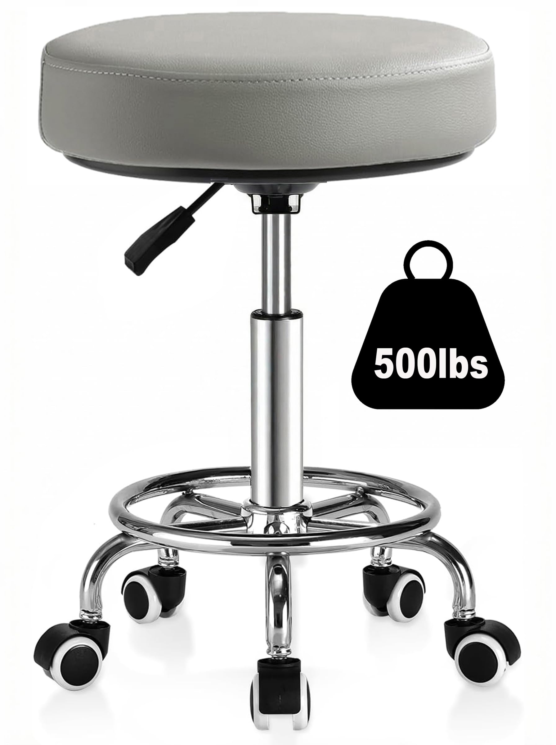 500lbs Heavy‑Duty Adjustable Rolling Stool with Wheels &amp; Footrest Ring,Grey