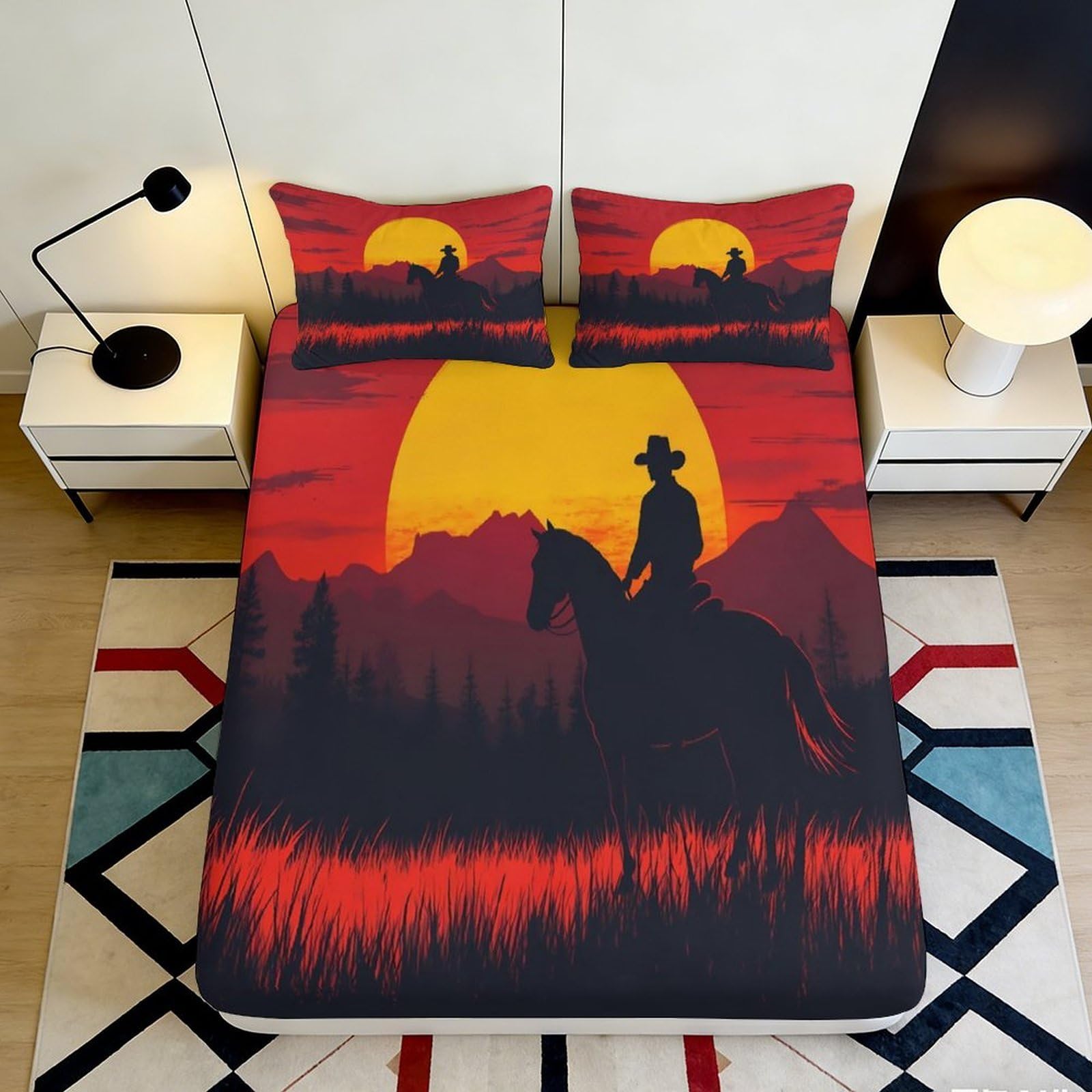 3D Printed Cowboy Sunset Fitted Sheet Microfiber Soft Wild West Horse Mattress Cover for Bedroom Guest Room Decor 140x200x25cm